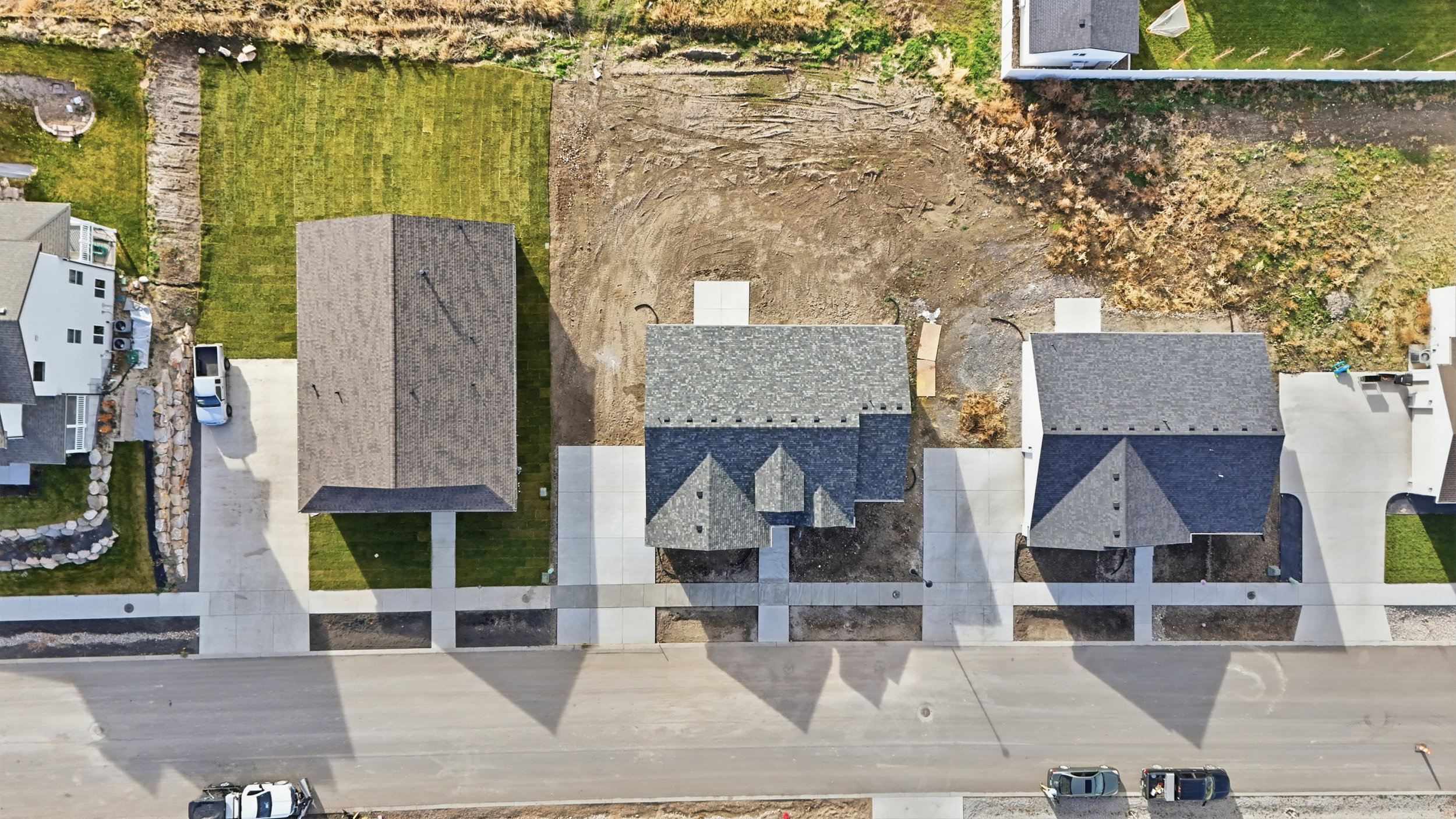 Newly constructed residence with a dark gray shingle roof, concrete driveway, and established front landscaping