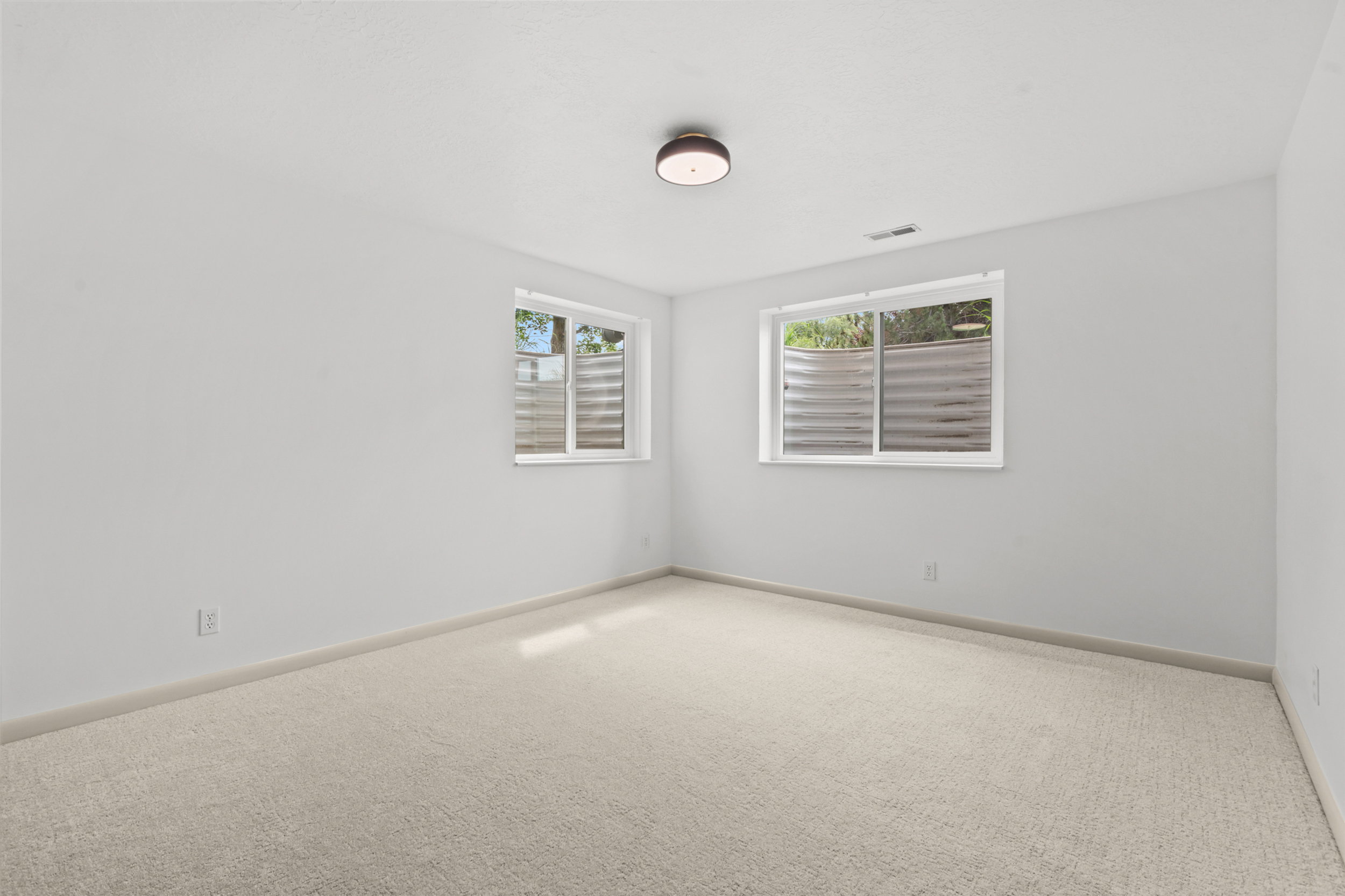 Bright, neutral-toned room featuring two windows with white trim and light-colored carpeting