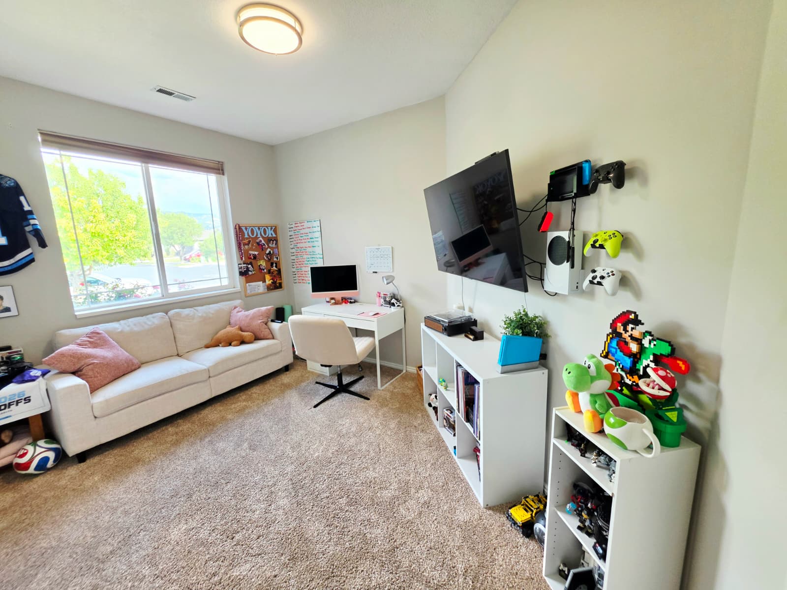Carpeted room featuring a large window with blinds, a built-in ceiling light fixture, and neutral wall tones