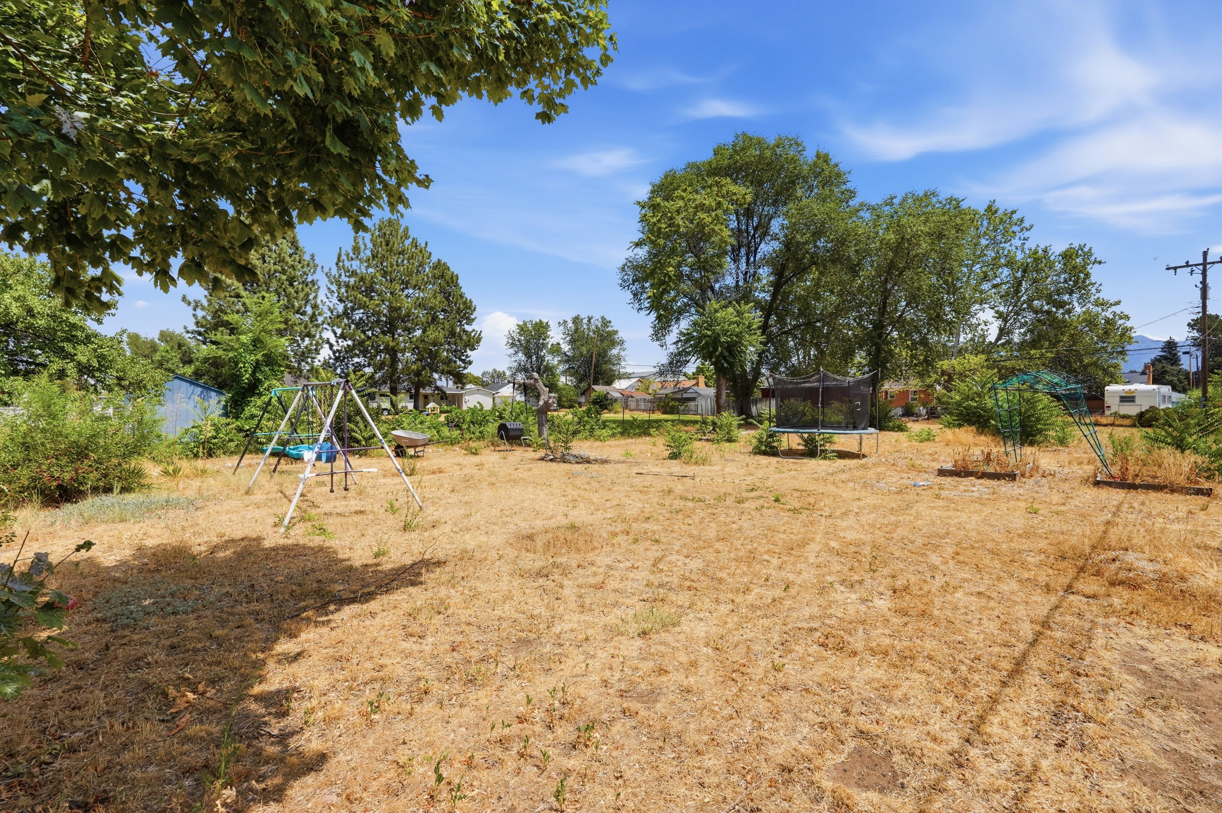 Expansive exterior space featuring mature trees and a substantial open area