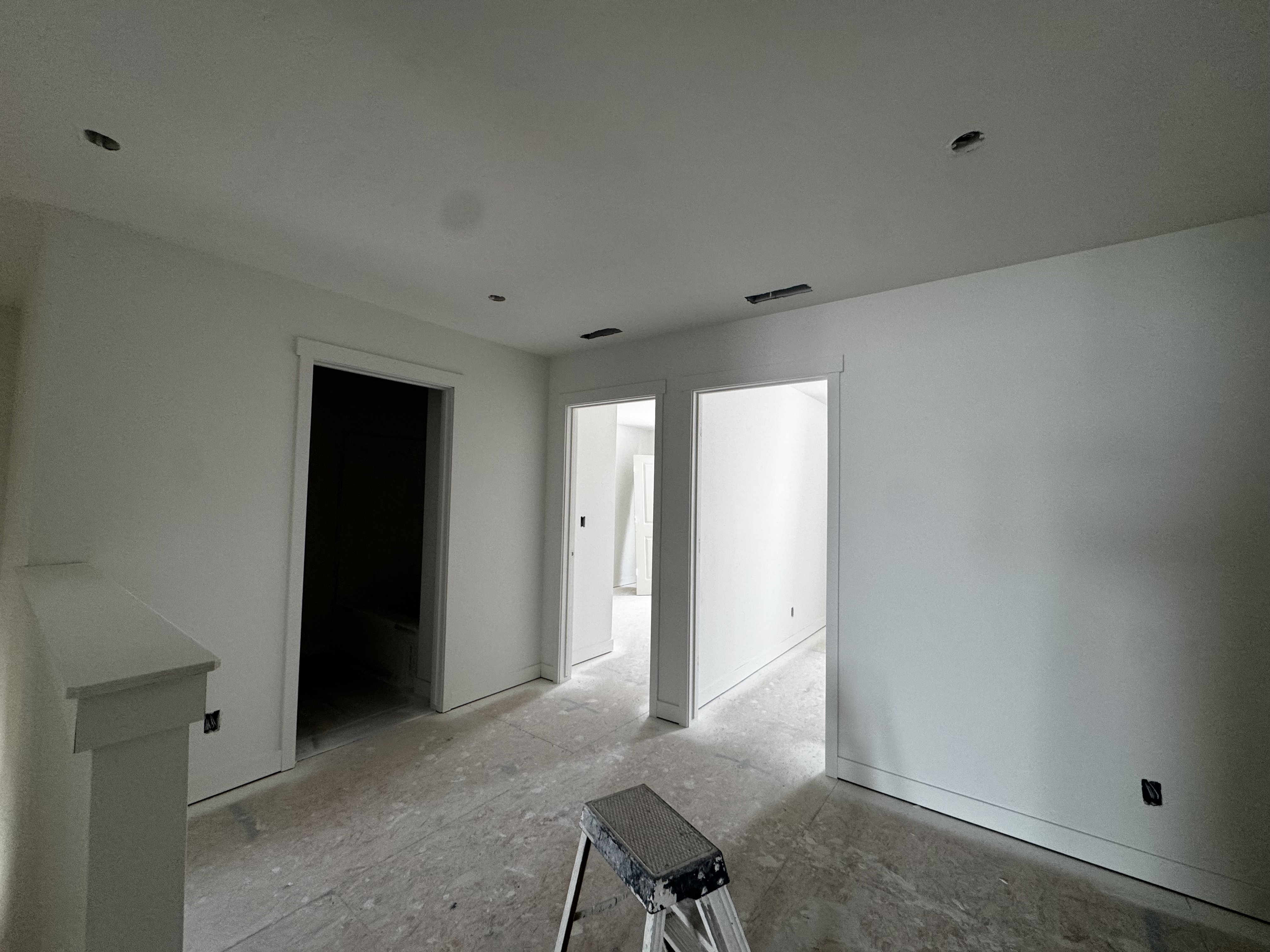 Unfinished interior space featuring light-colored walls, multiple doorways with white trim, and a partial railing