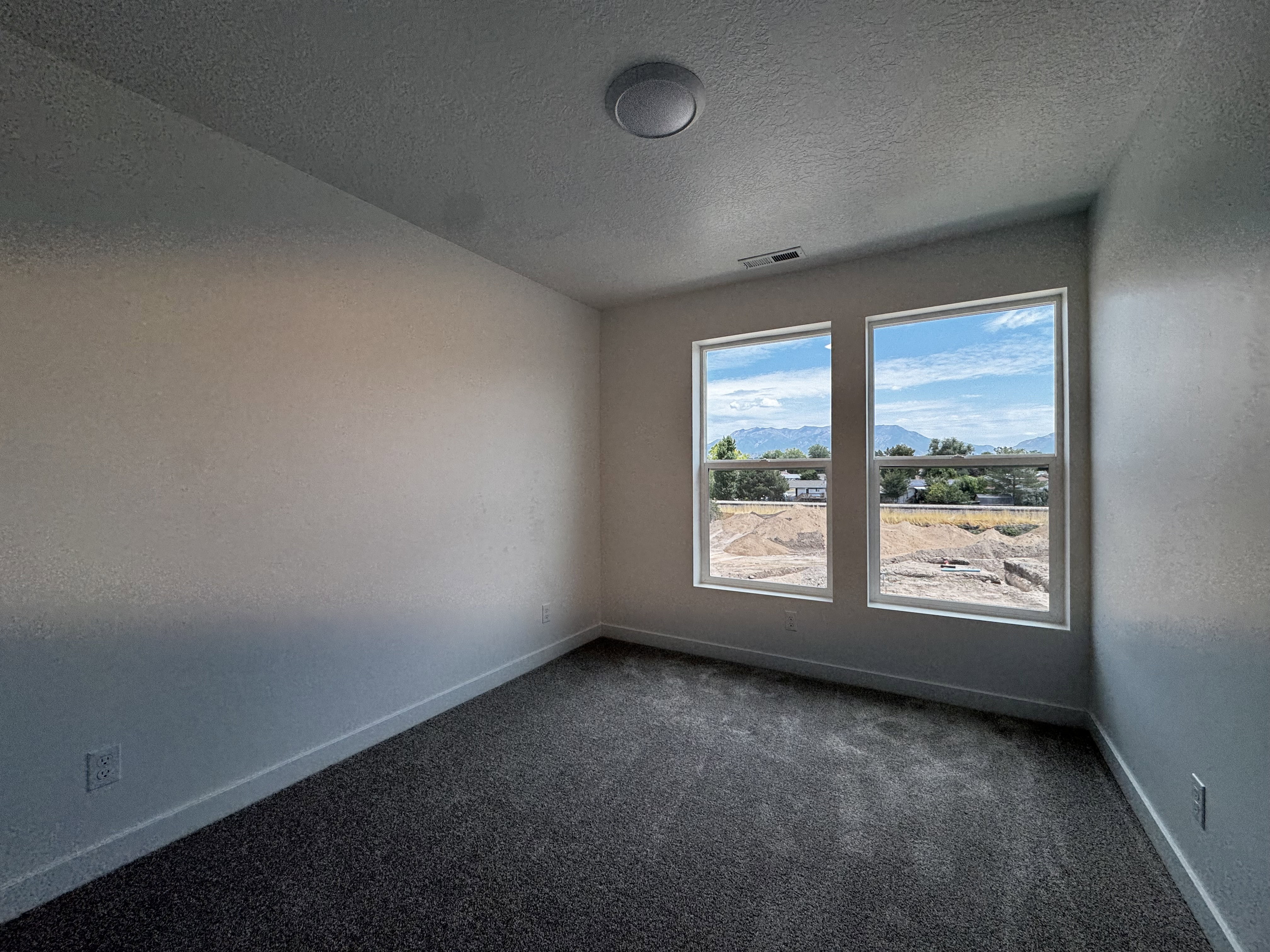 Dual windows offering mountain and sky scenery, light neutral wall paint, dark gray carpeting, white baseboards, and a flush-mount ceiling light fixture