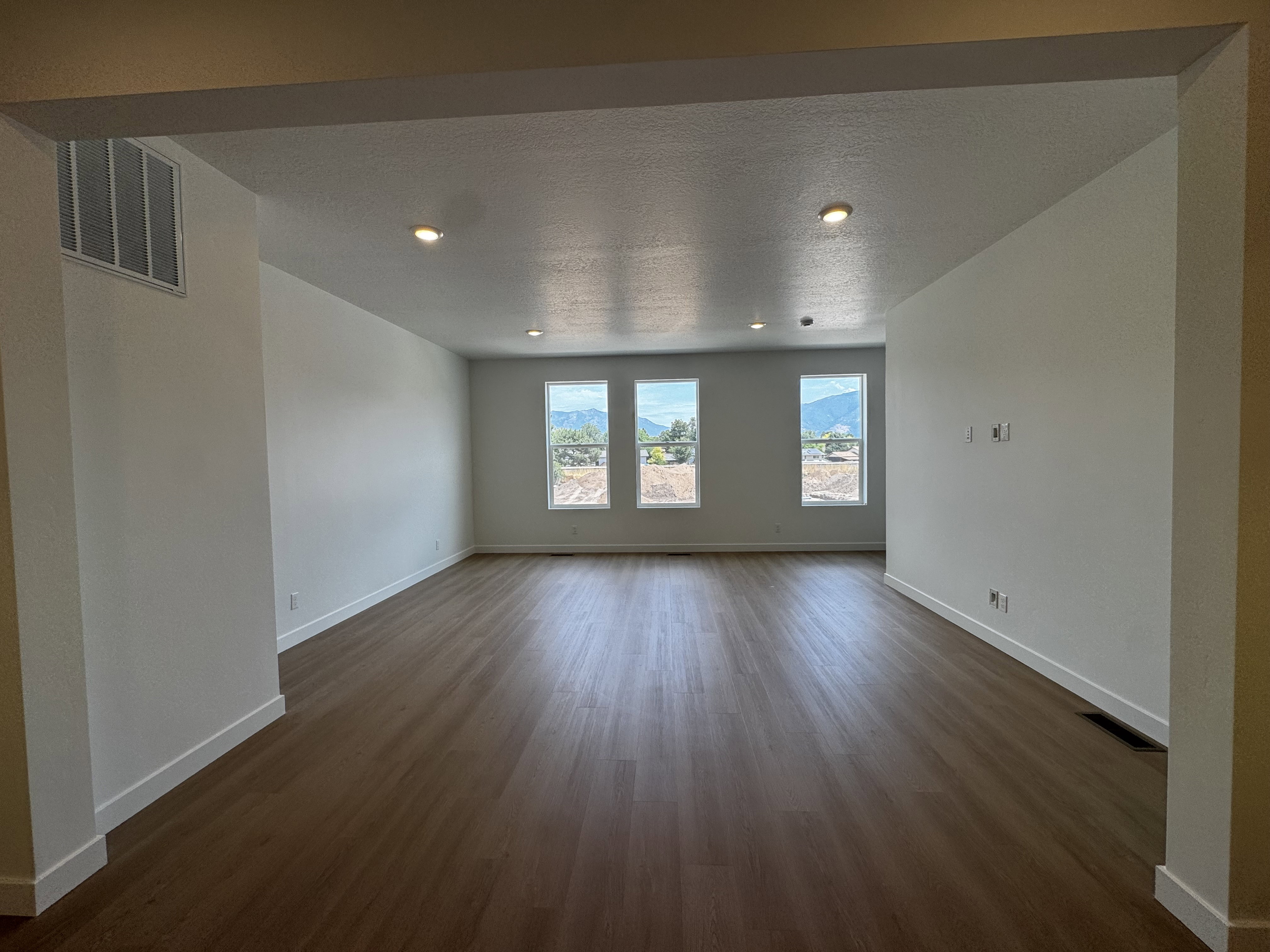 Spacious room featuring wood-finish flooring, recessed lighting, and three tall windows