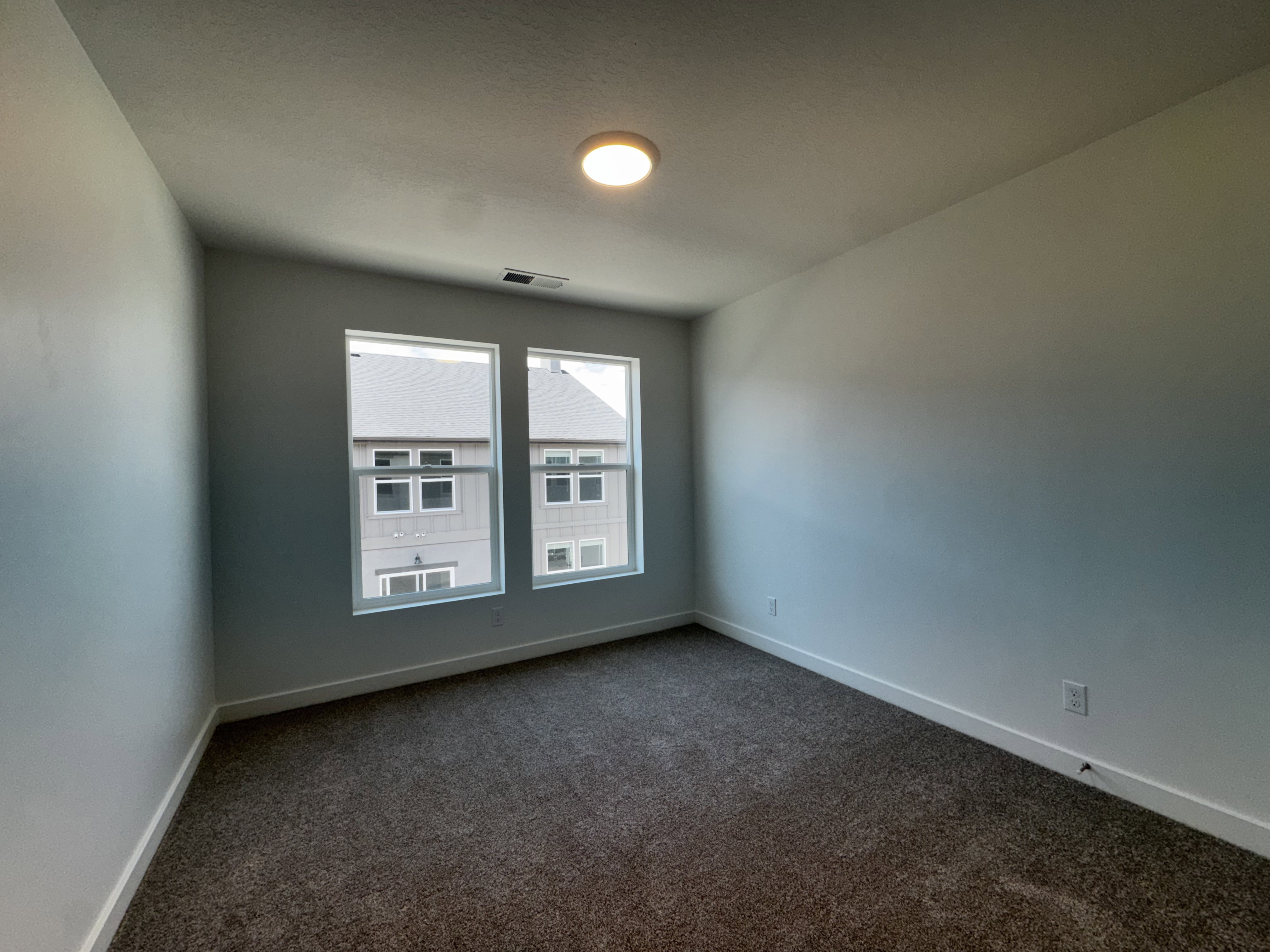 Room featuring two windows, neutral-toned carpet flooring, white baseboards, and a flush-mount ceiling light fixture