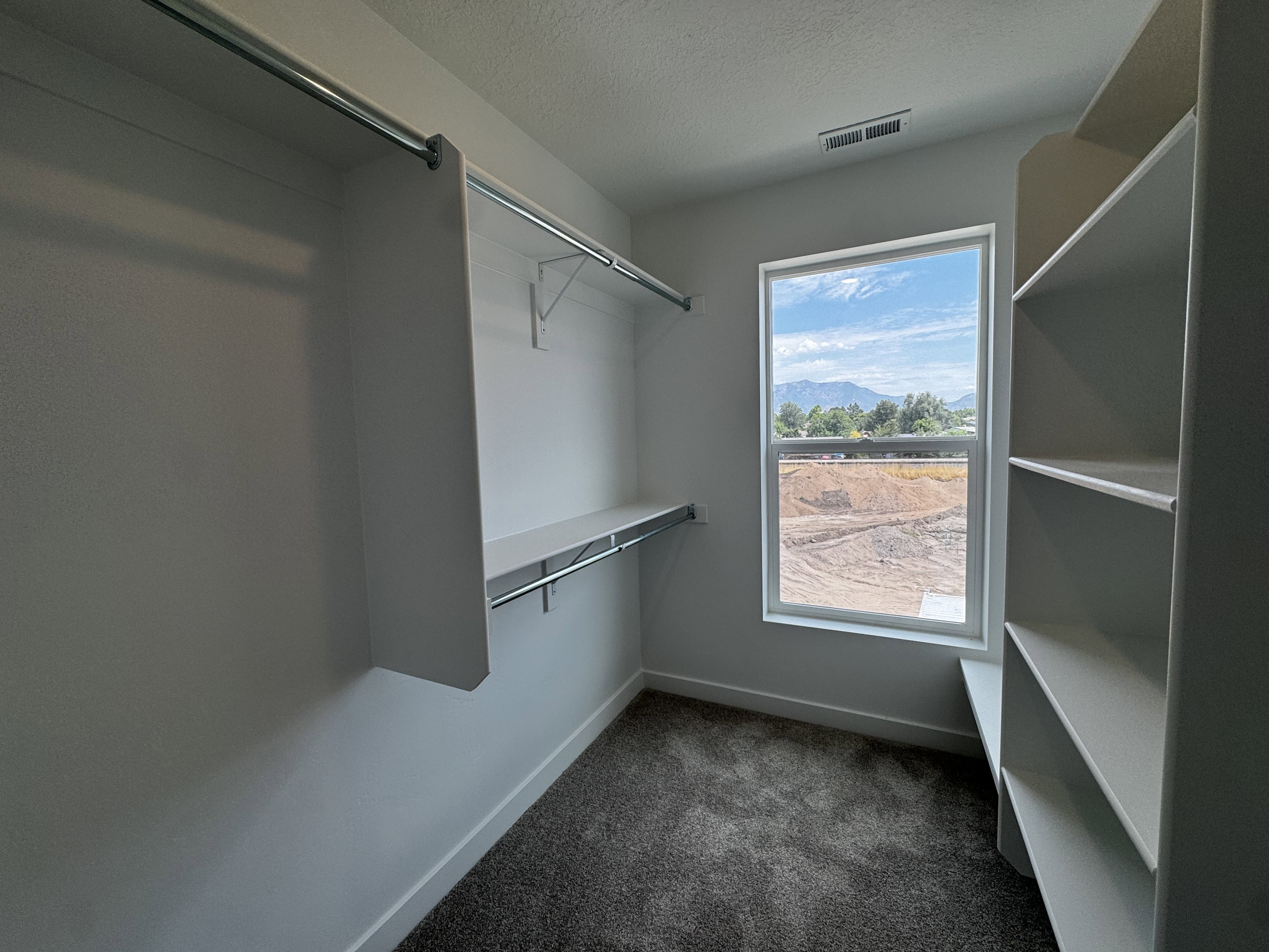 Walk-in closet featuring built-in shelving, hanging rods, light gray carpeting, and a window with a mountain backdrop