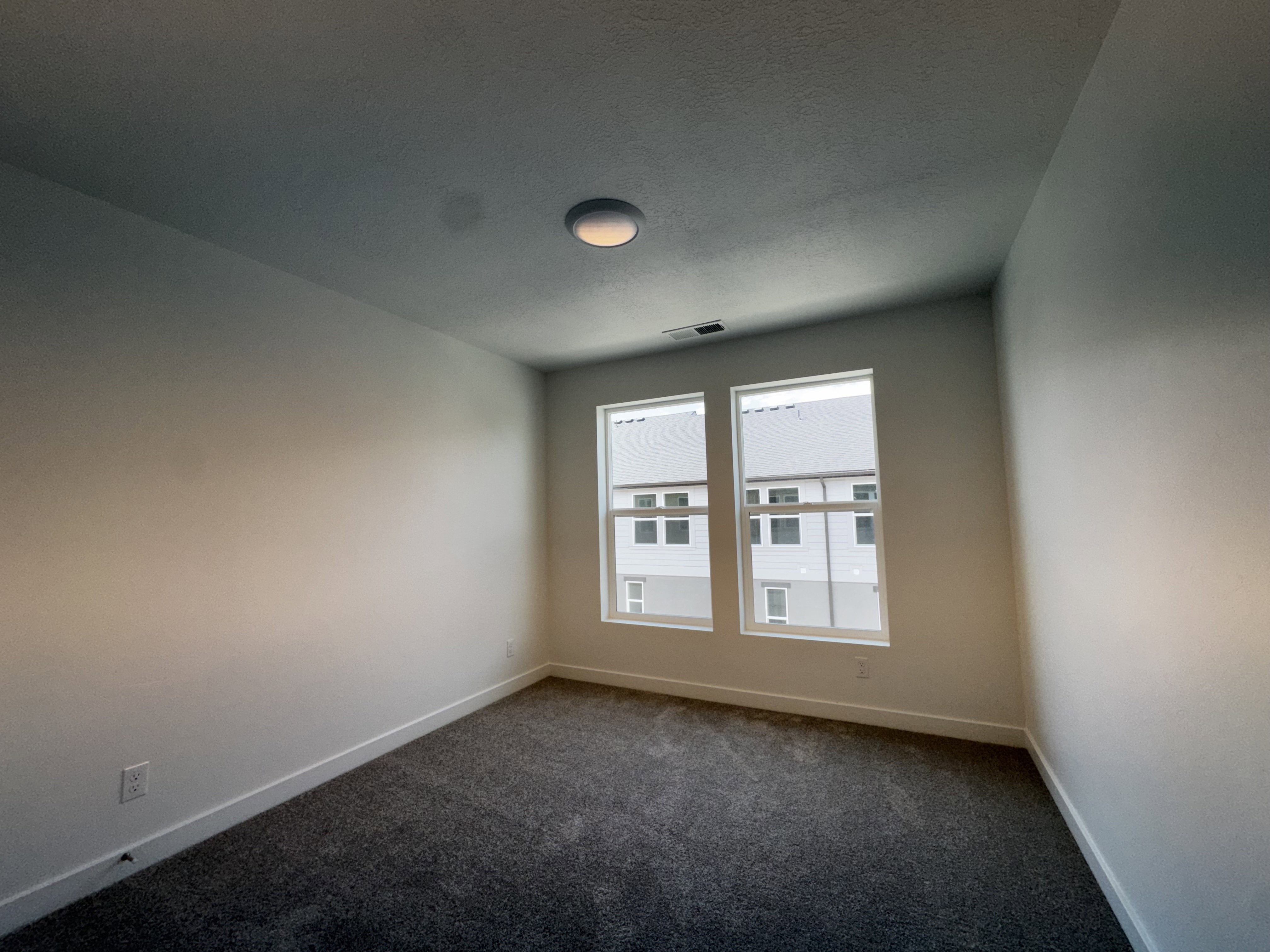 Room featuring dual windows, gray carpeting, neutral-toned walls, and a ceiling-mounted light fixture