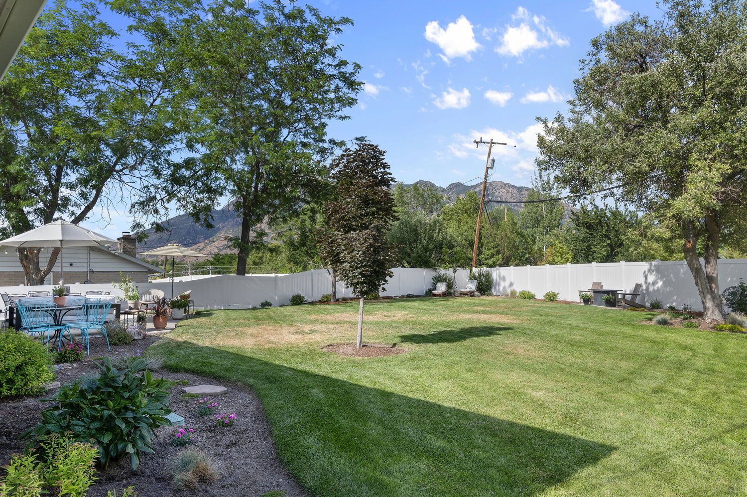 Expansive private backyard featuring a manicured lawn, established trees, and perimeter fencing