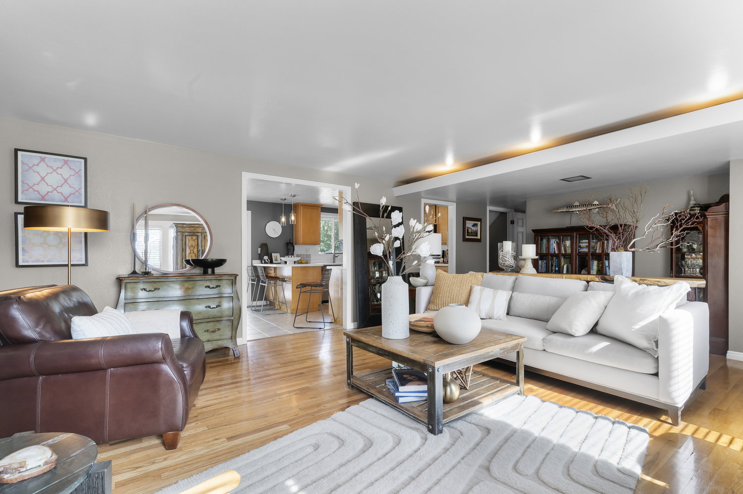 Hardwood flooring throughout the main living area