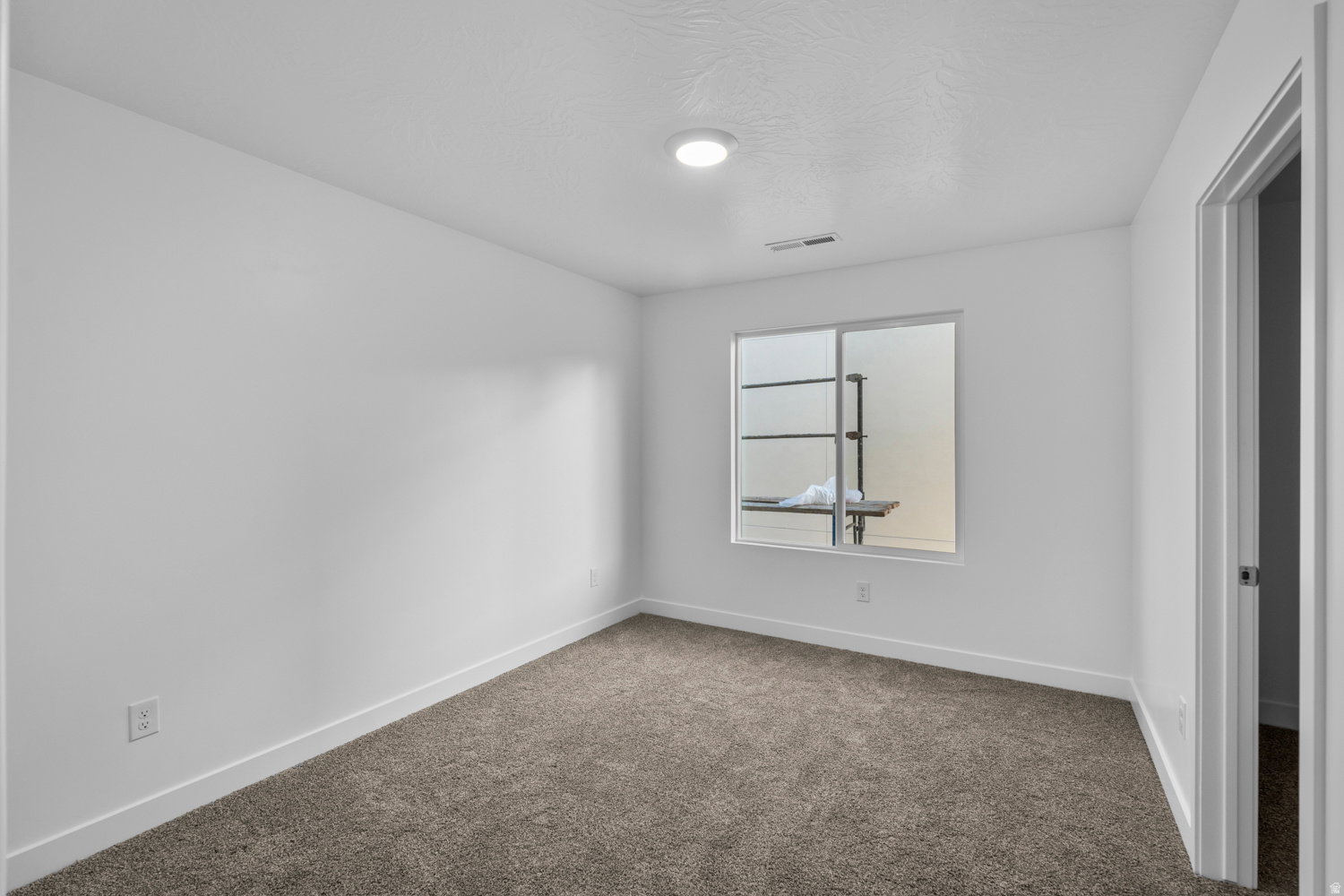 Carpeted room with white walls, a single window, and a flush-mount ceiling light