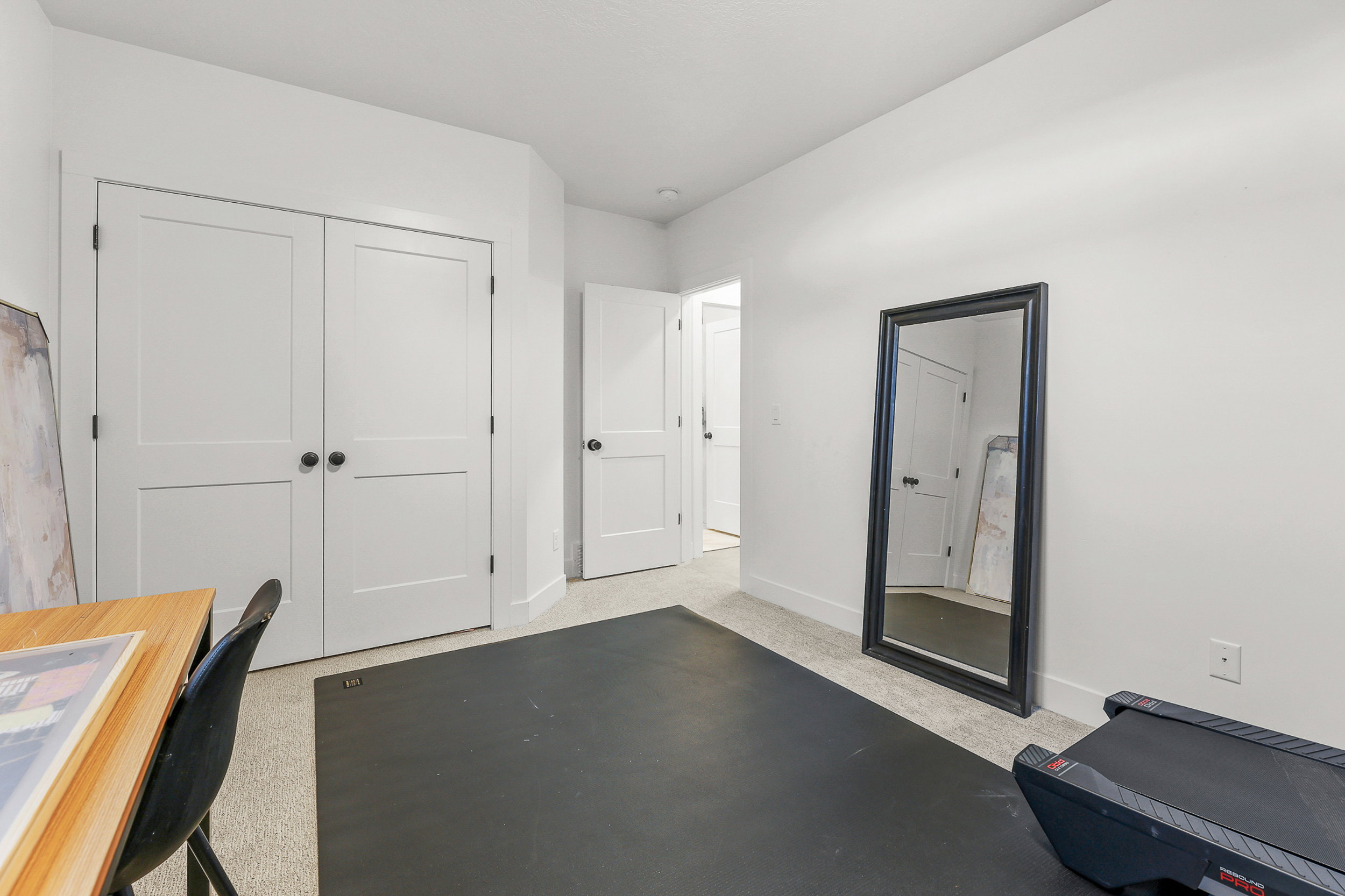 White paneled doors with black hardware