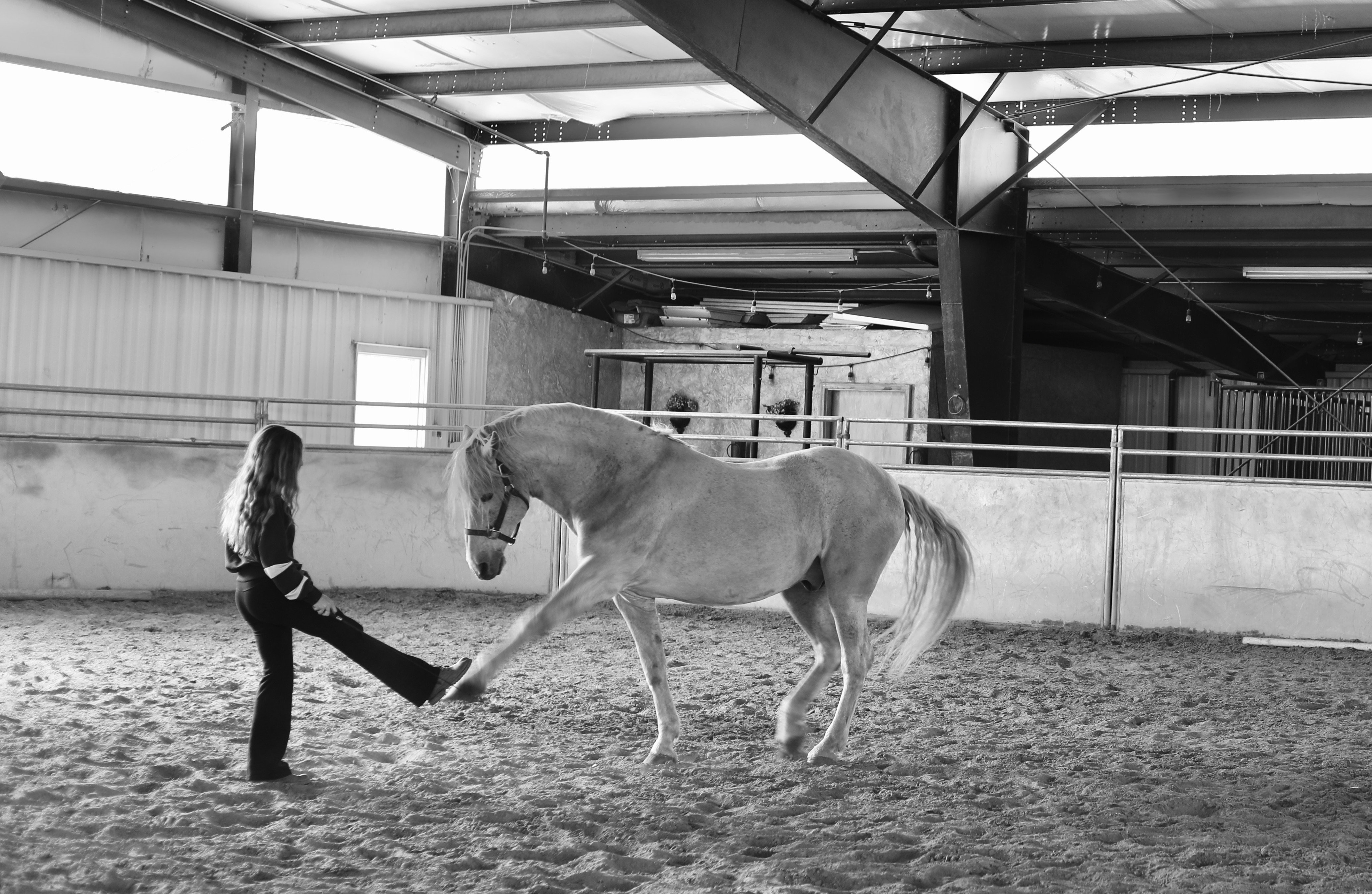 Large indoor riding arena with sand footing, metal beam construction, and perimeter fencing