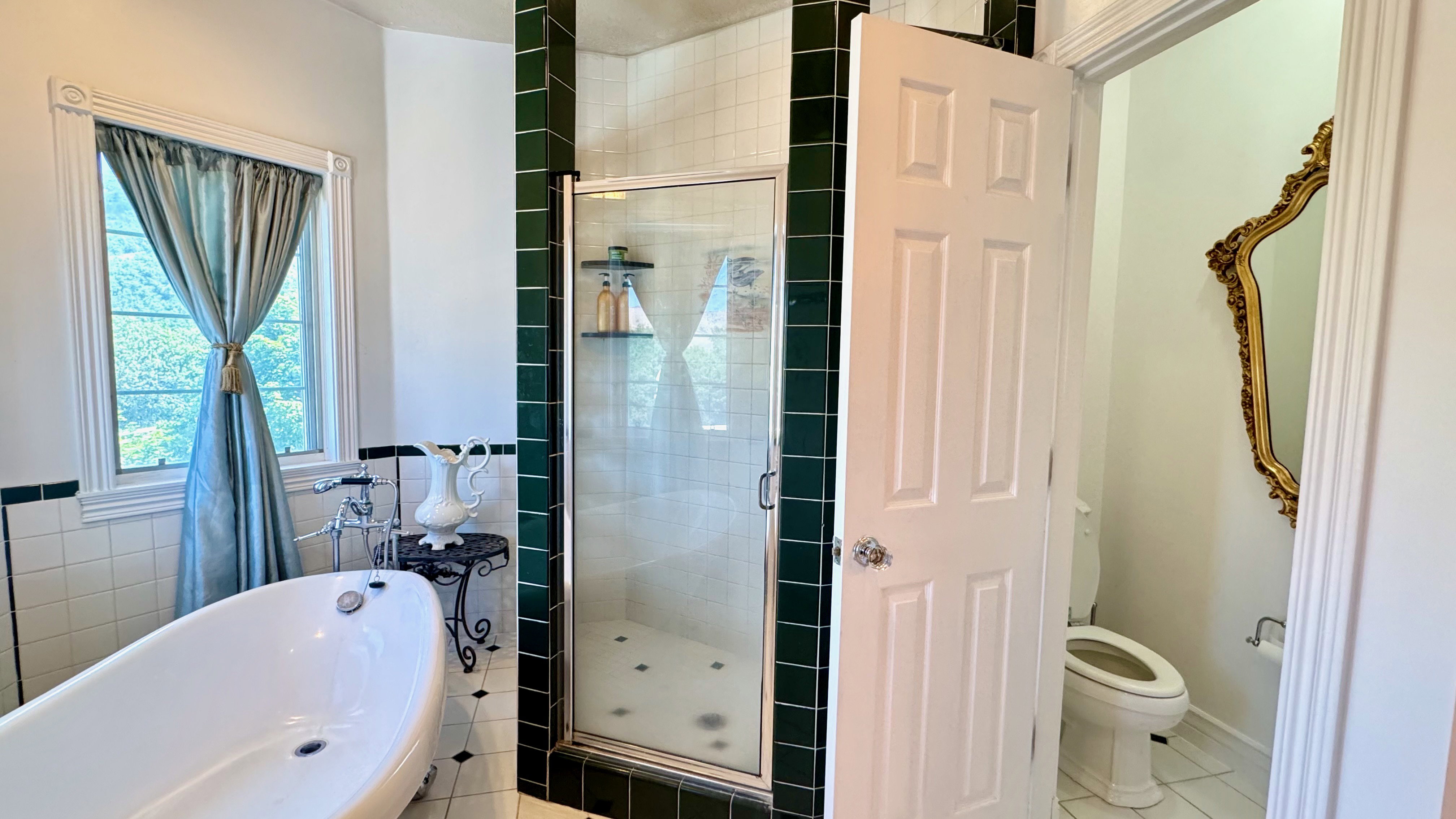 Bathroom featuring a freestanding soaking tub with floor-mounted fixtures, a glass-enclosed shower with dark green tile surround, and a separate water closet with a decorative mirror