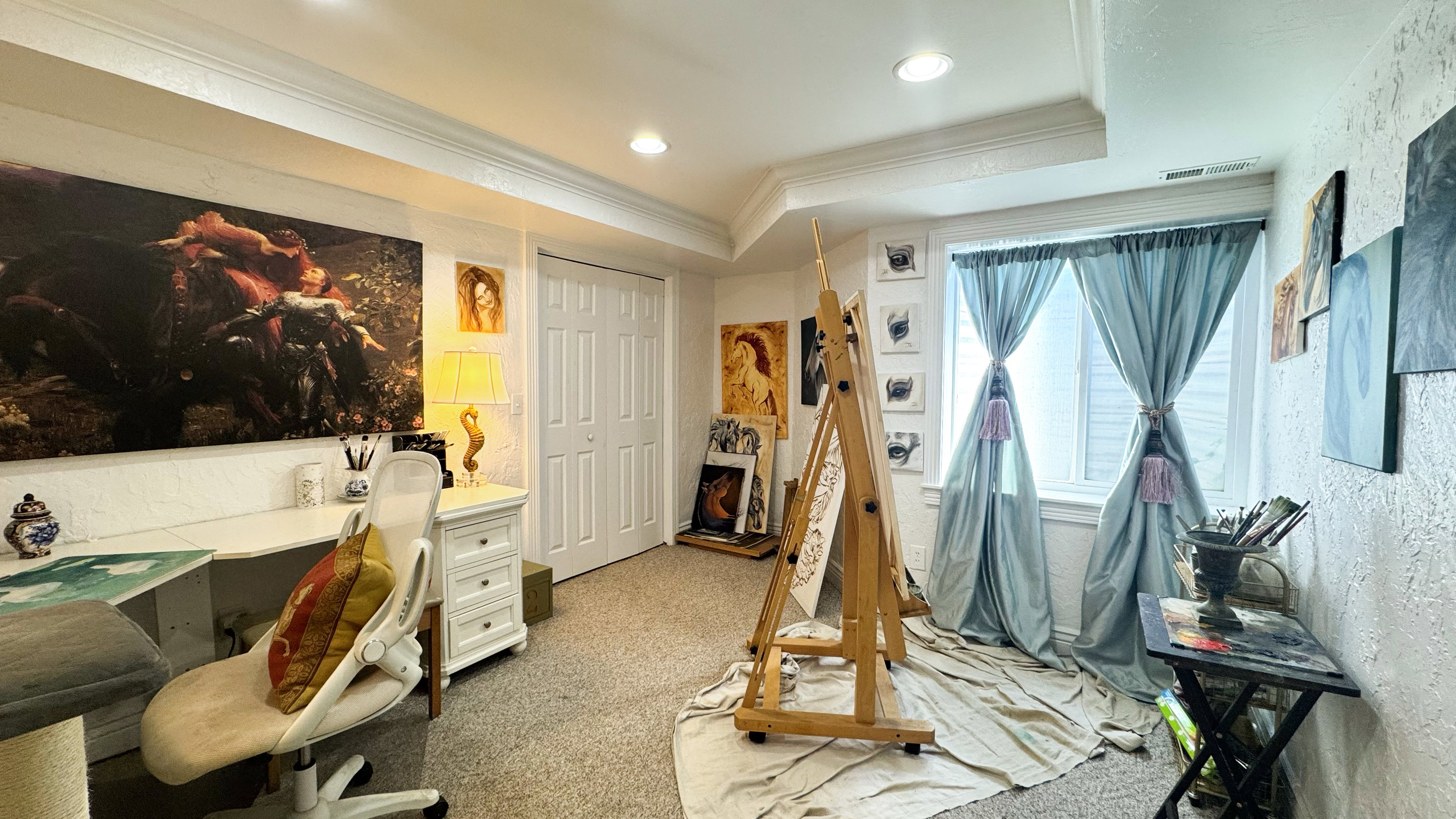 Carpeted room featuring a white paneled door, recessed lighting, crown molding, and two windows with blinds