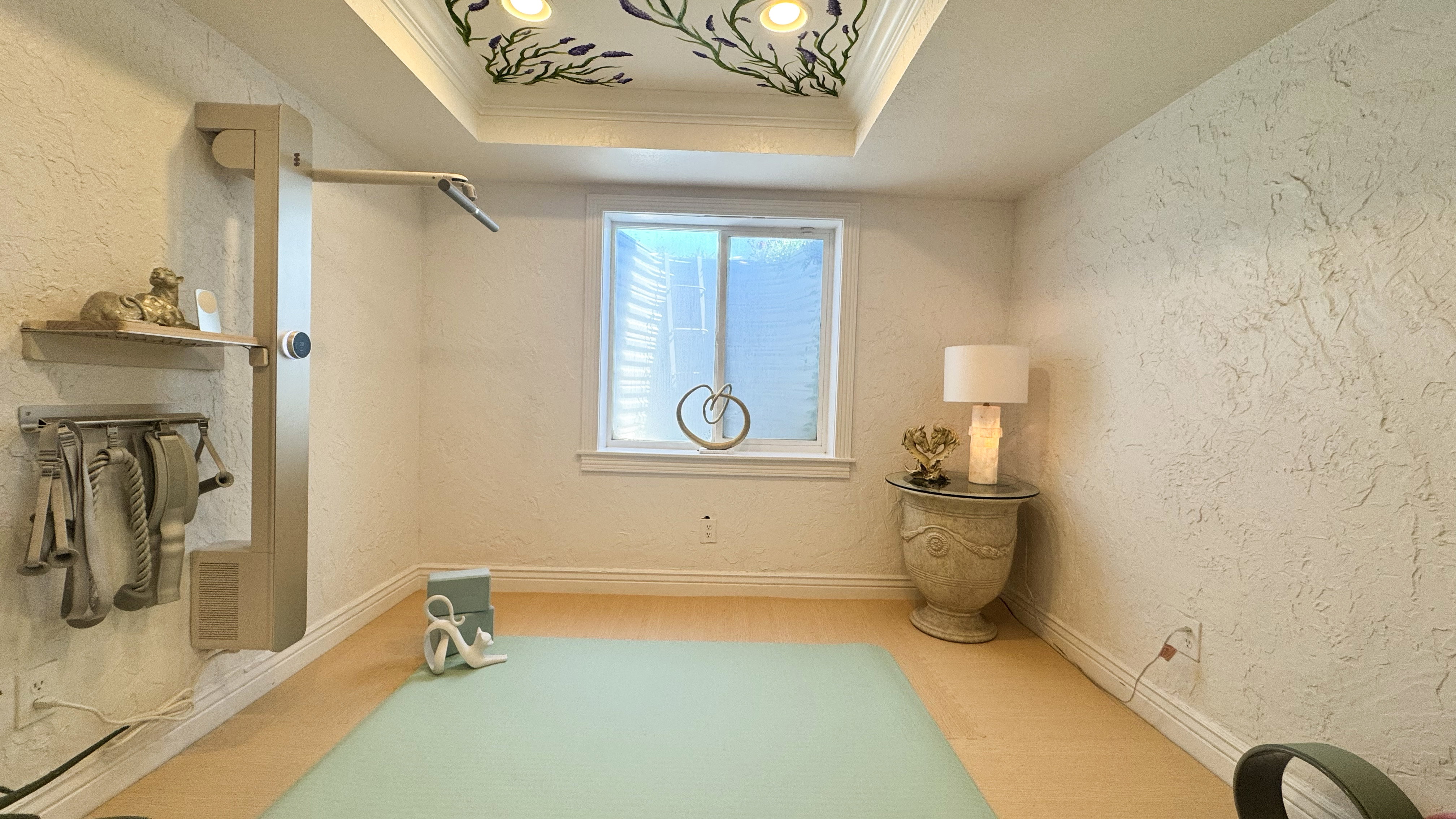 Recessed ceiling with decorative botanical motif and integrated lighting