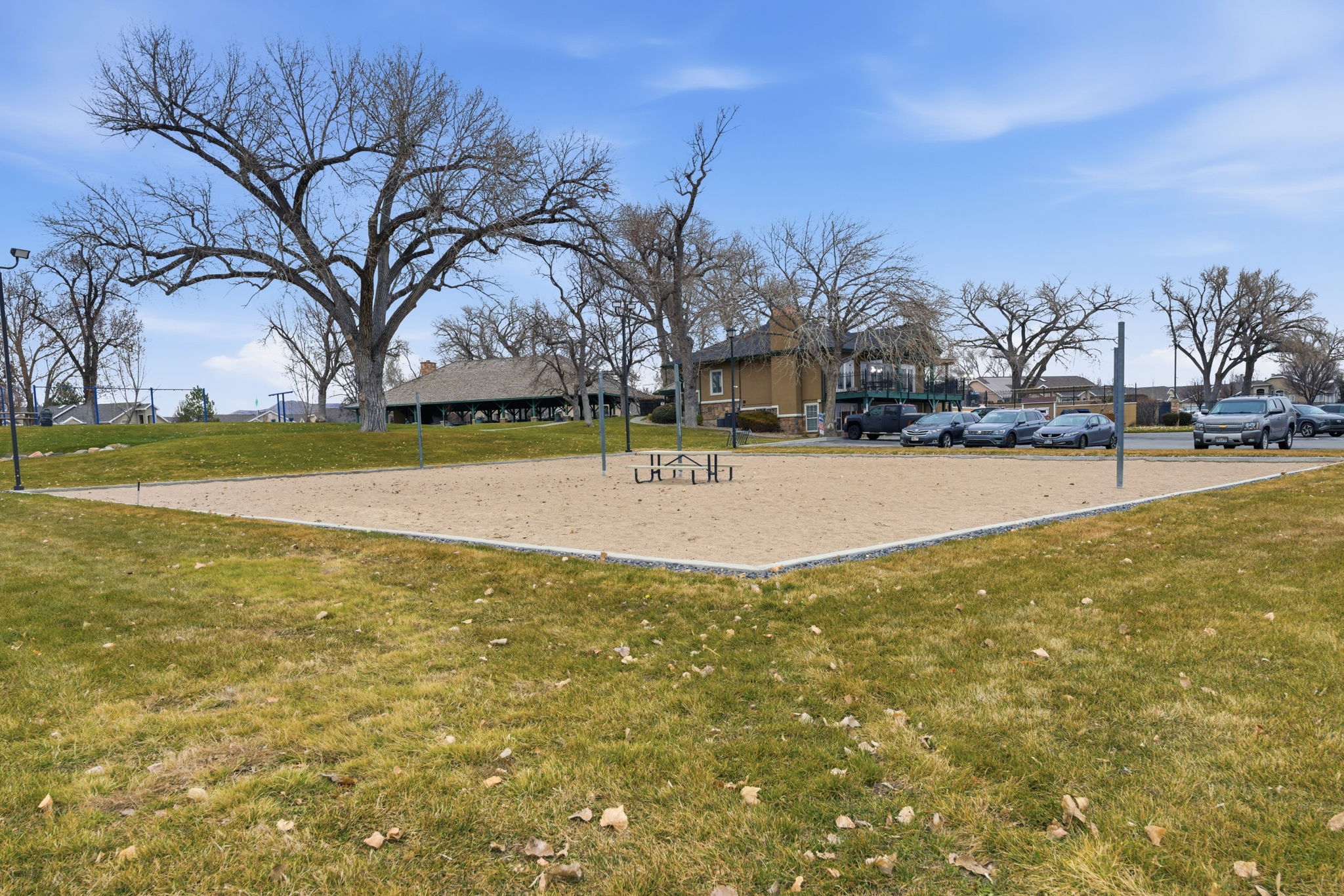 Recreational sand court with adjacent green space and mature trees
