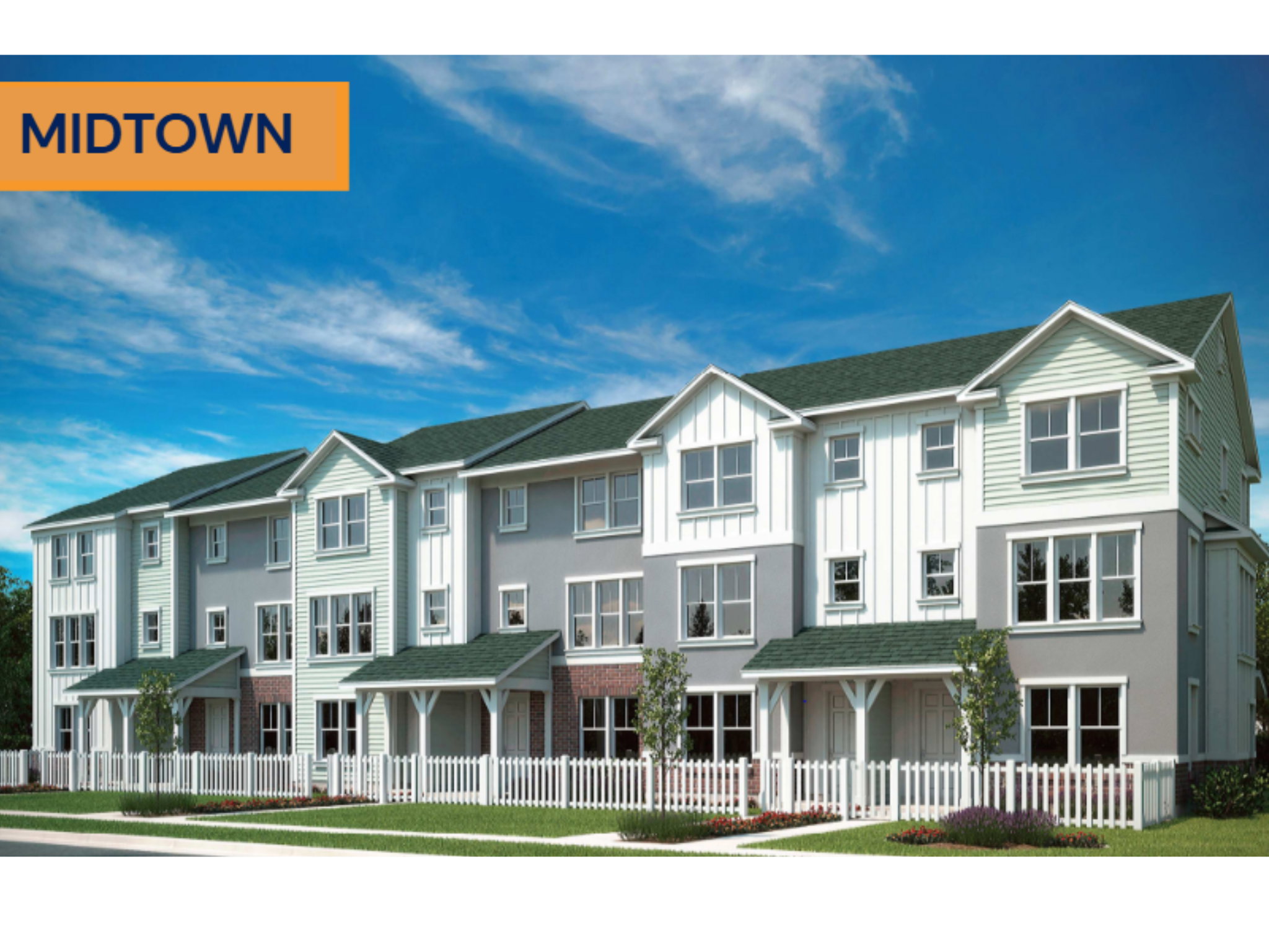 Contemporary townhome exteriors featuring white picket fencing and landscaped front yards