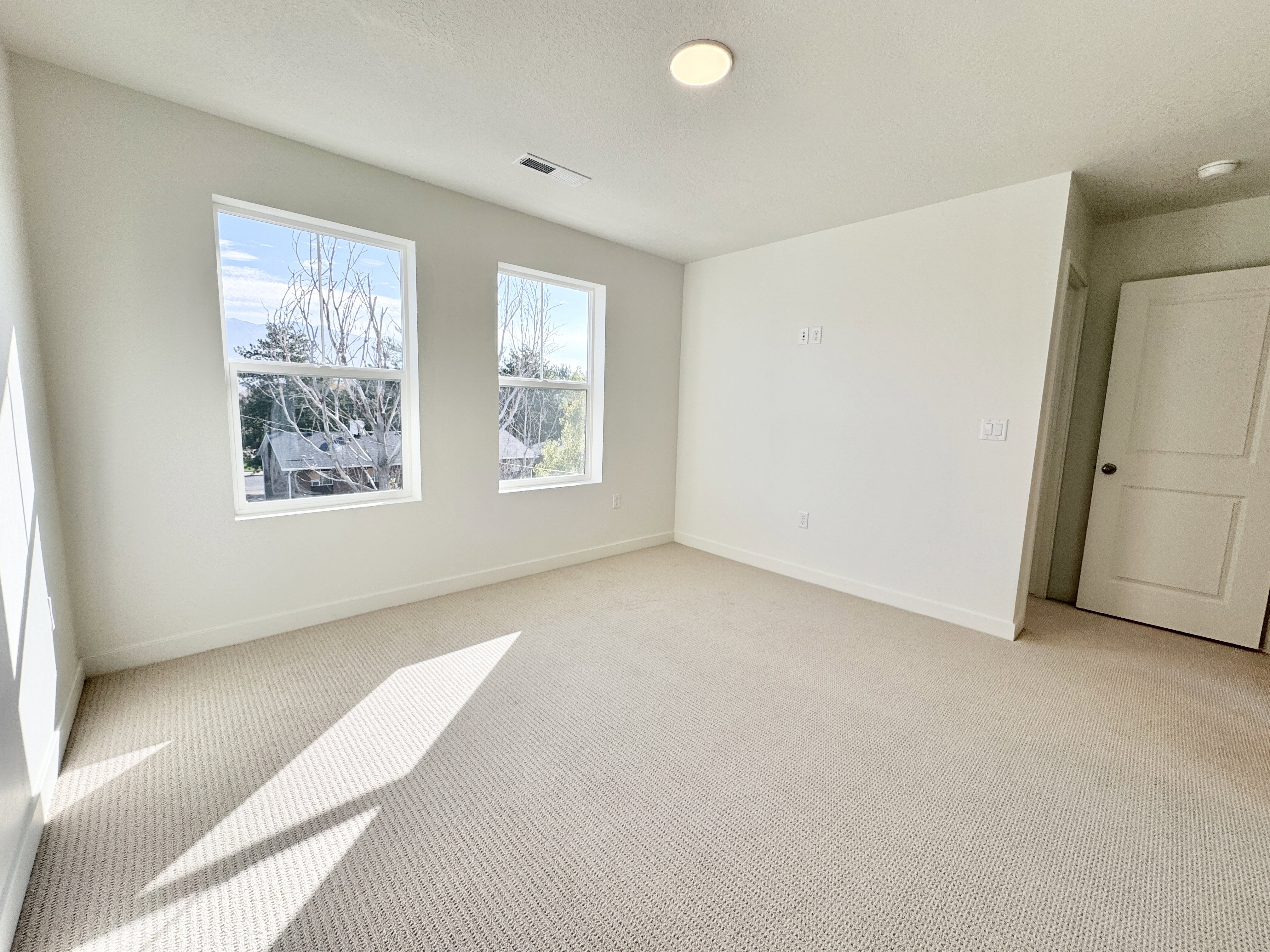 Carpeted room featuring two prominent windows, a flush-mount ceiling light, and a two-panel interior door
