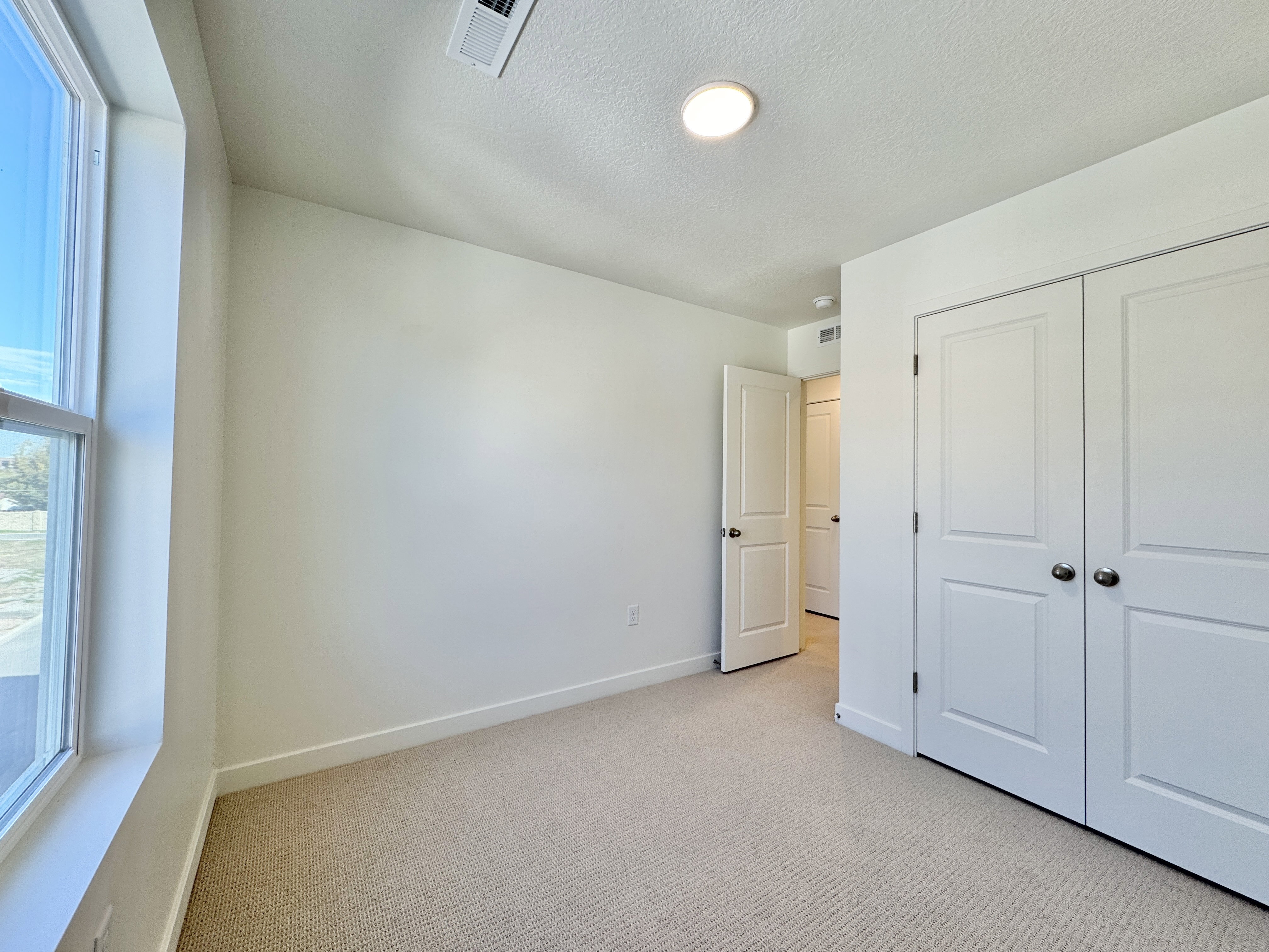 Carpeted room featuring a window, white walls, white baseboards, a flush-mount ceiling light, and a double-door closet