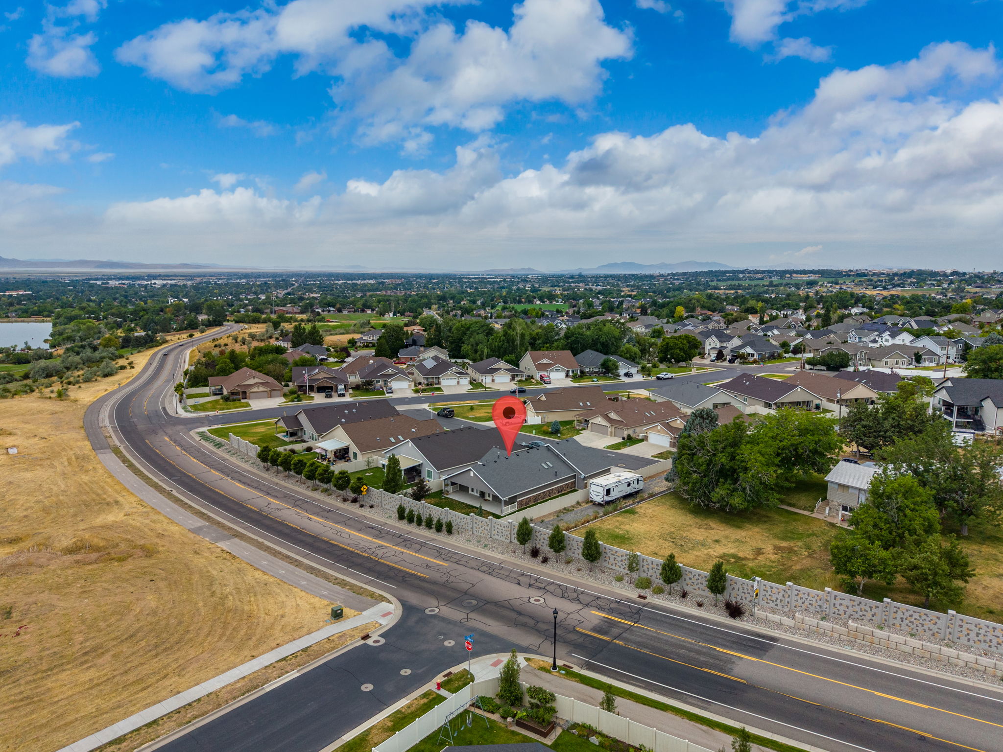 Aerial overview showcasing a residential neighborhood with varied architectural styles