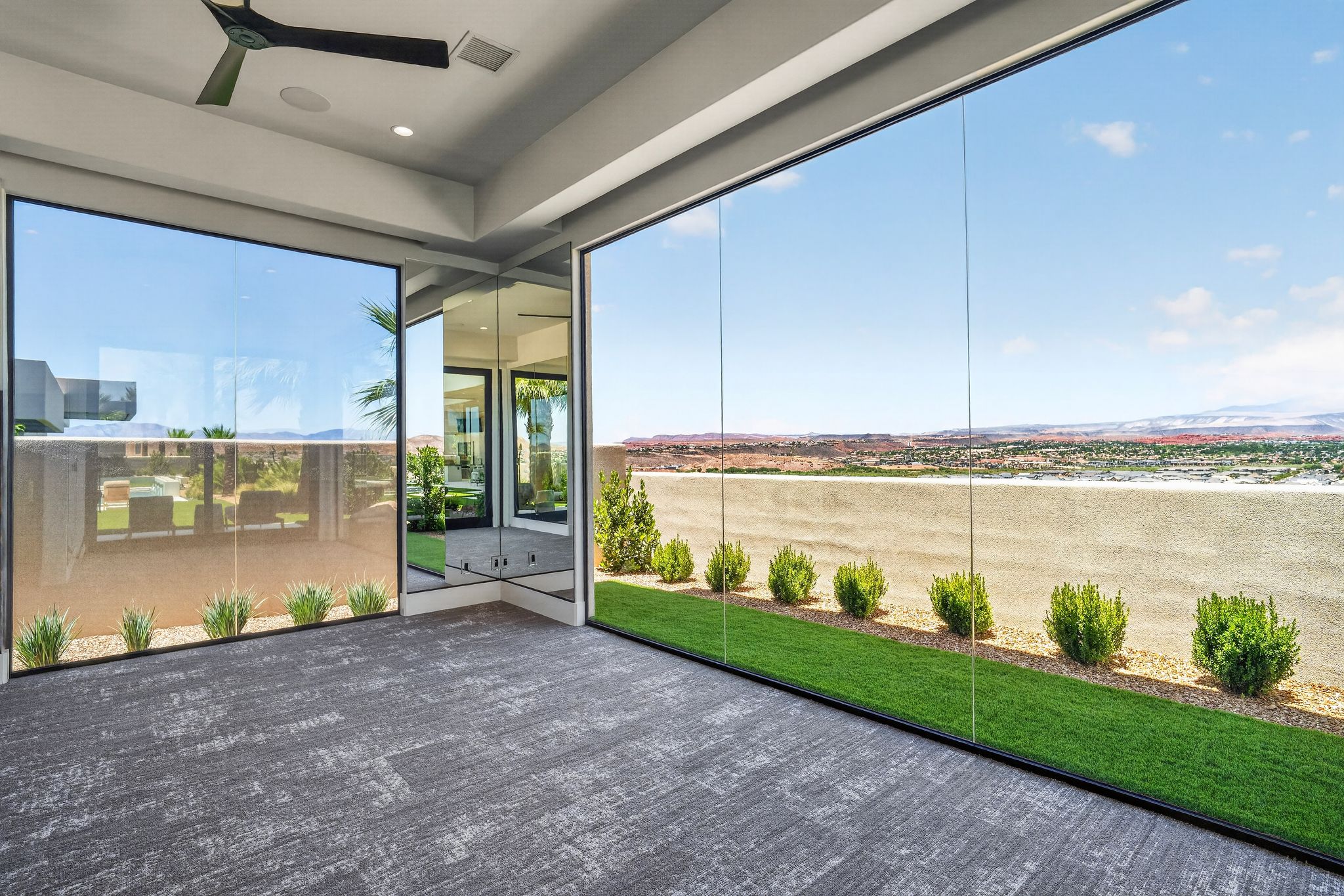 Expansive glass panels with black framing