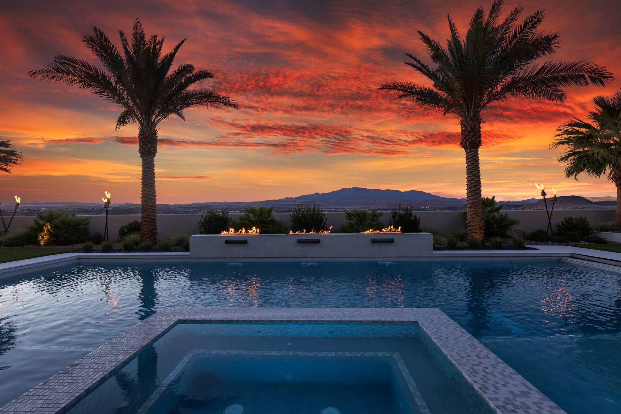 Outdoor pool with integrated spa, flanked by mature palm trees