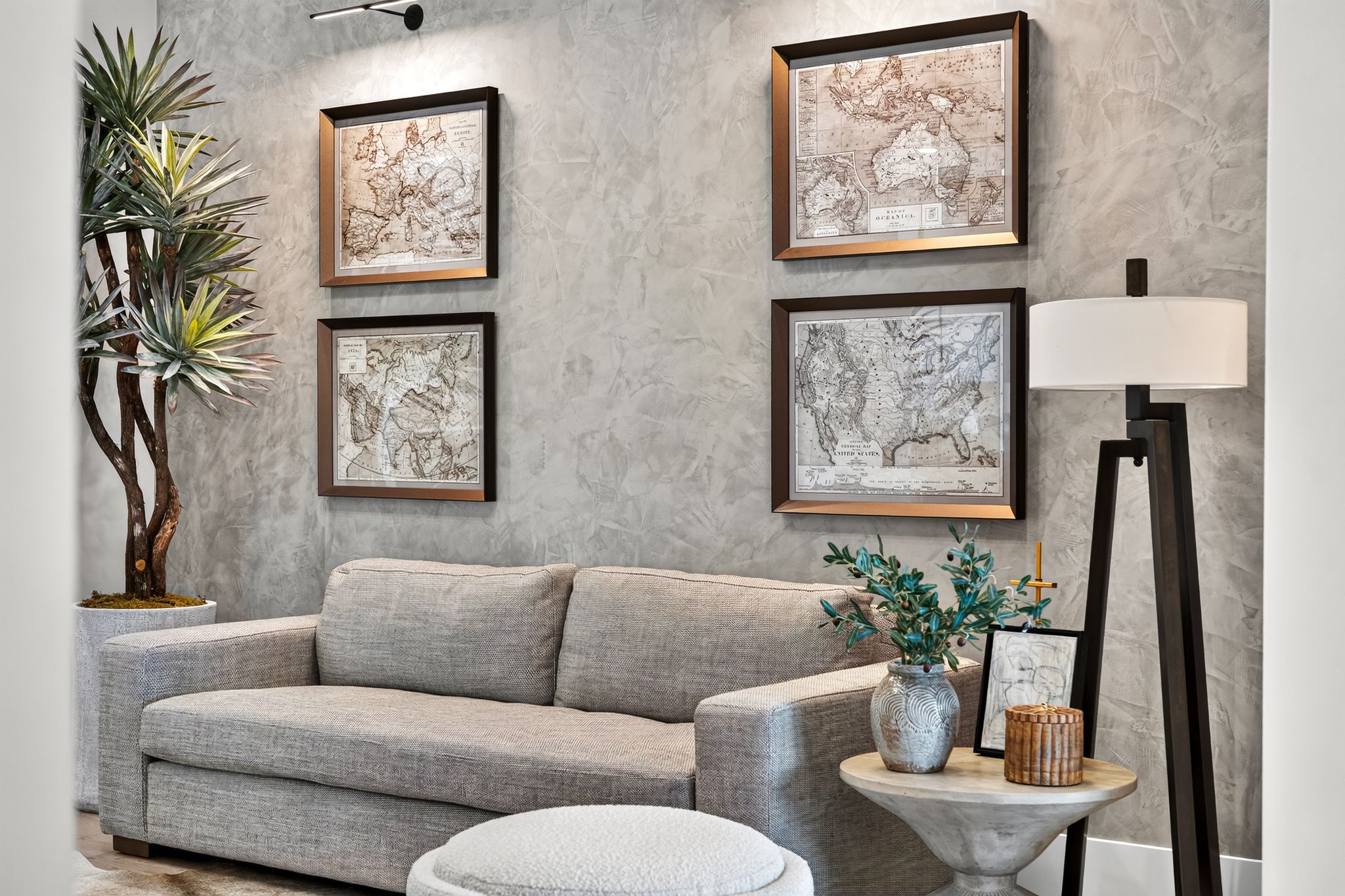 Textured wall finish with recessed lighting