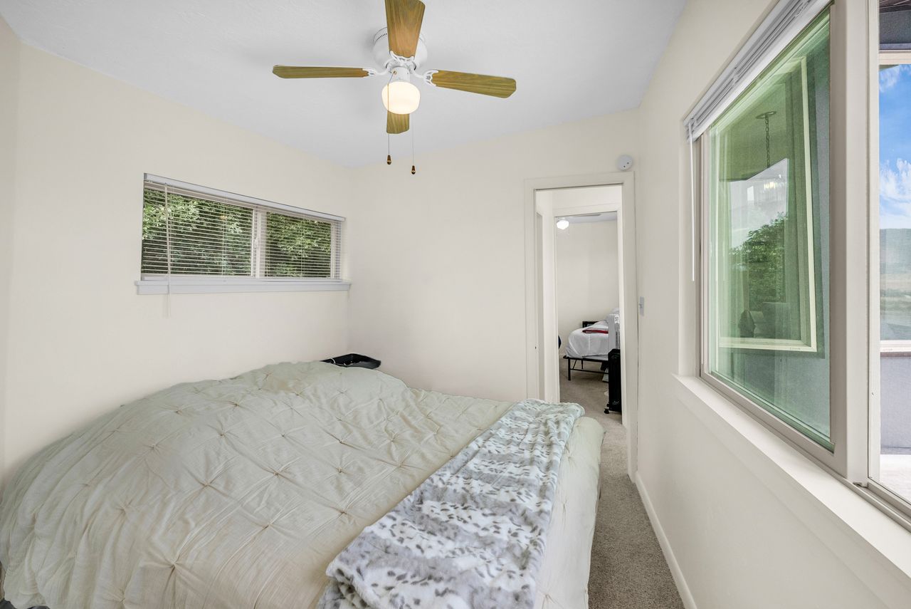 Neutral-toned room featuring a ceiling fan with light fixture, two windows with blinds, and light-colored carpeting