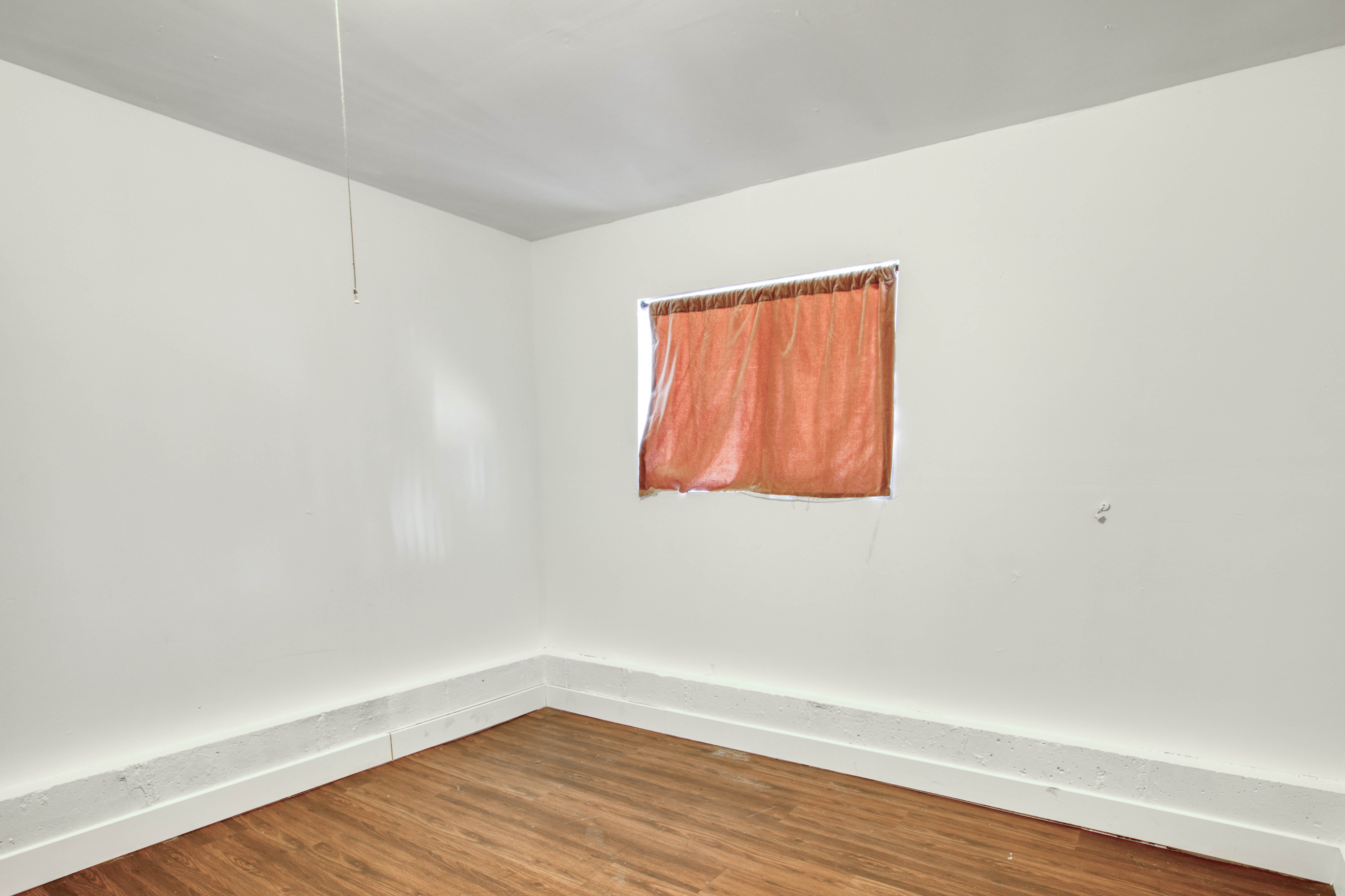 Interior room featuring white painted walls and wood-finish flooring