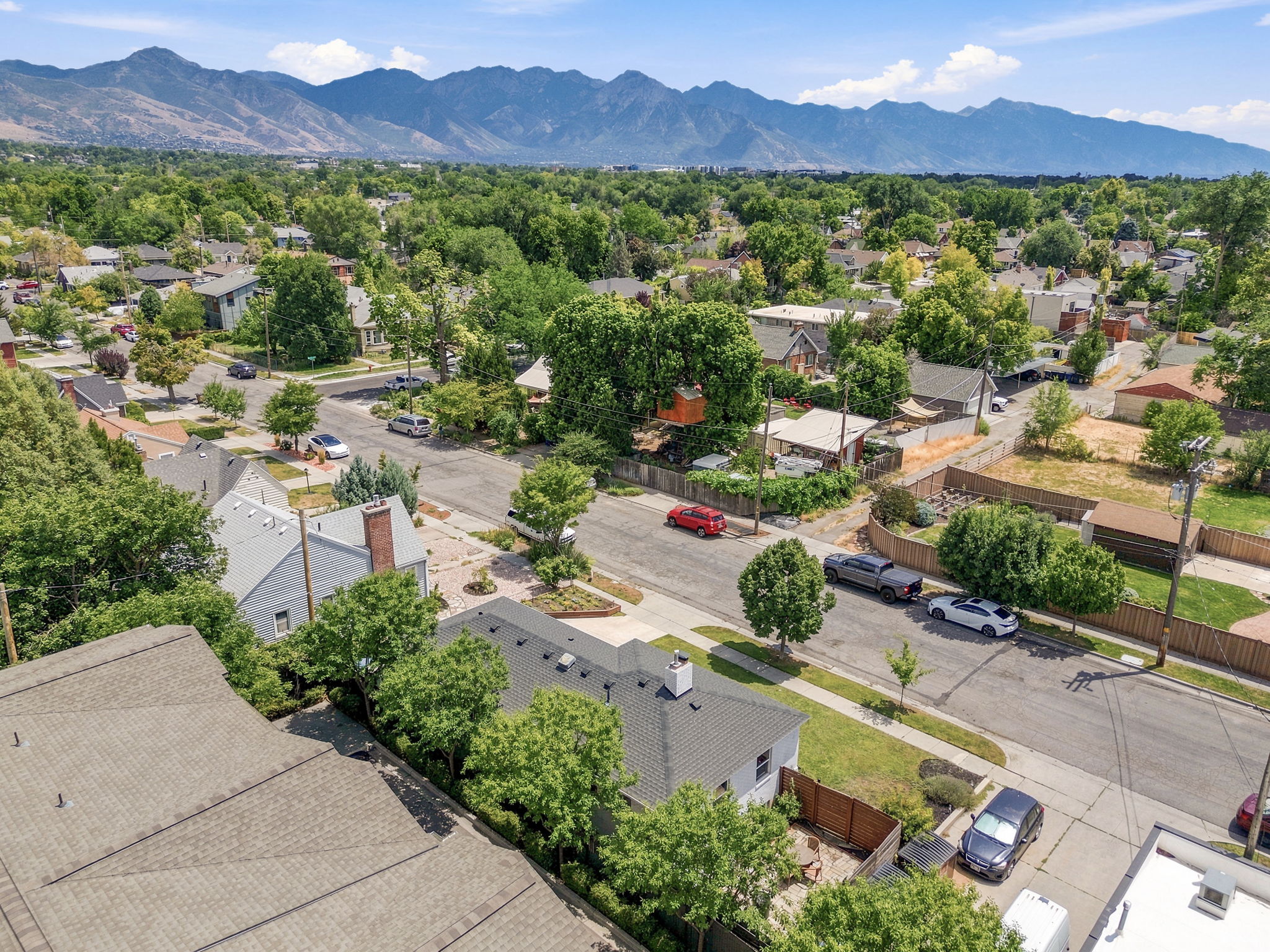 Neighborhood setting featuring mature trees and mountain scenery