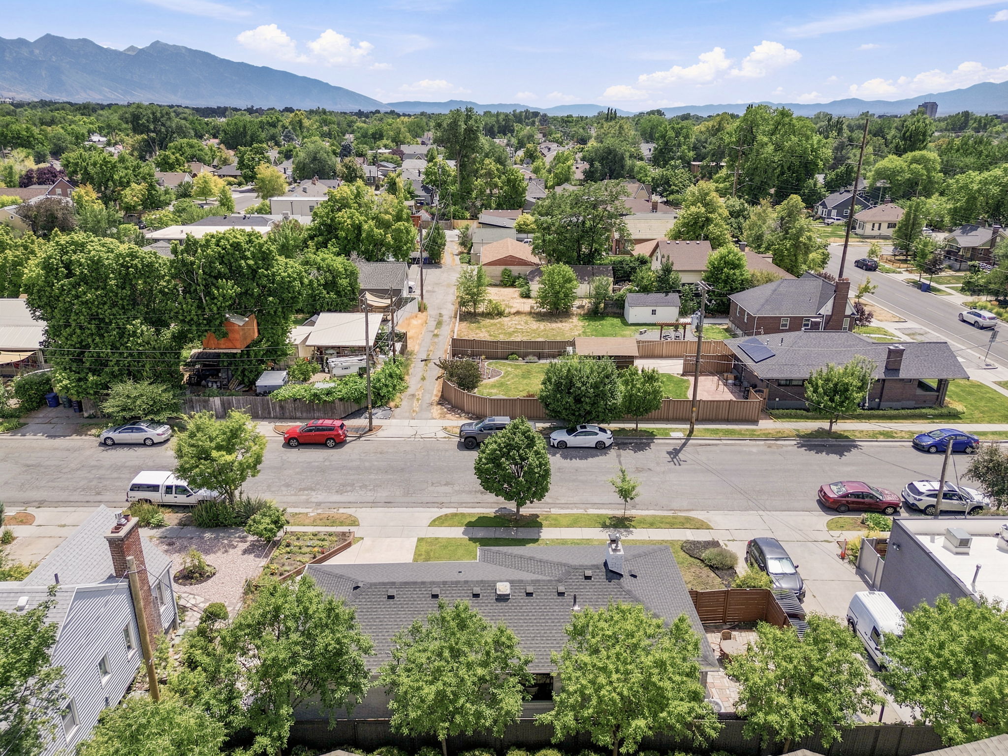 Residential neighborhood featuring mature trees, paved streets, and distant mountain topography