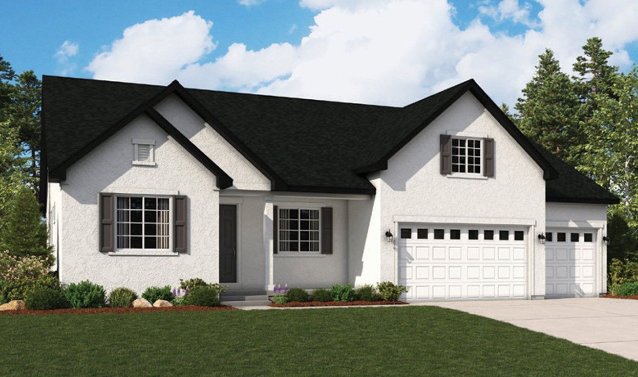 White stucco exterior with a multi-gabled black shingle roof
