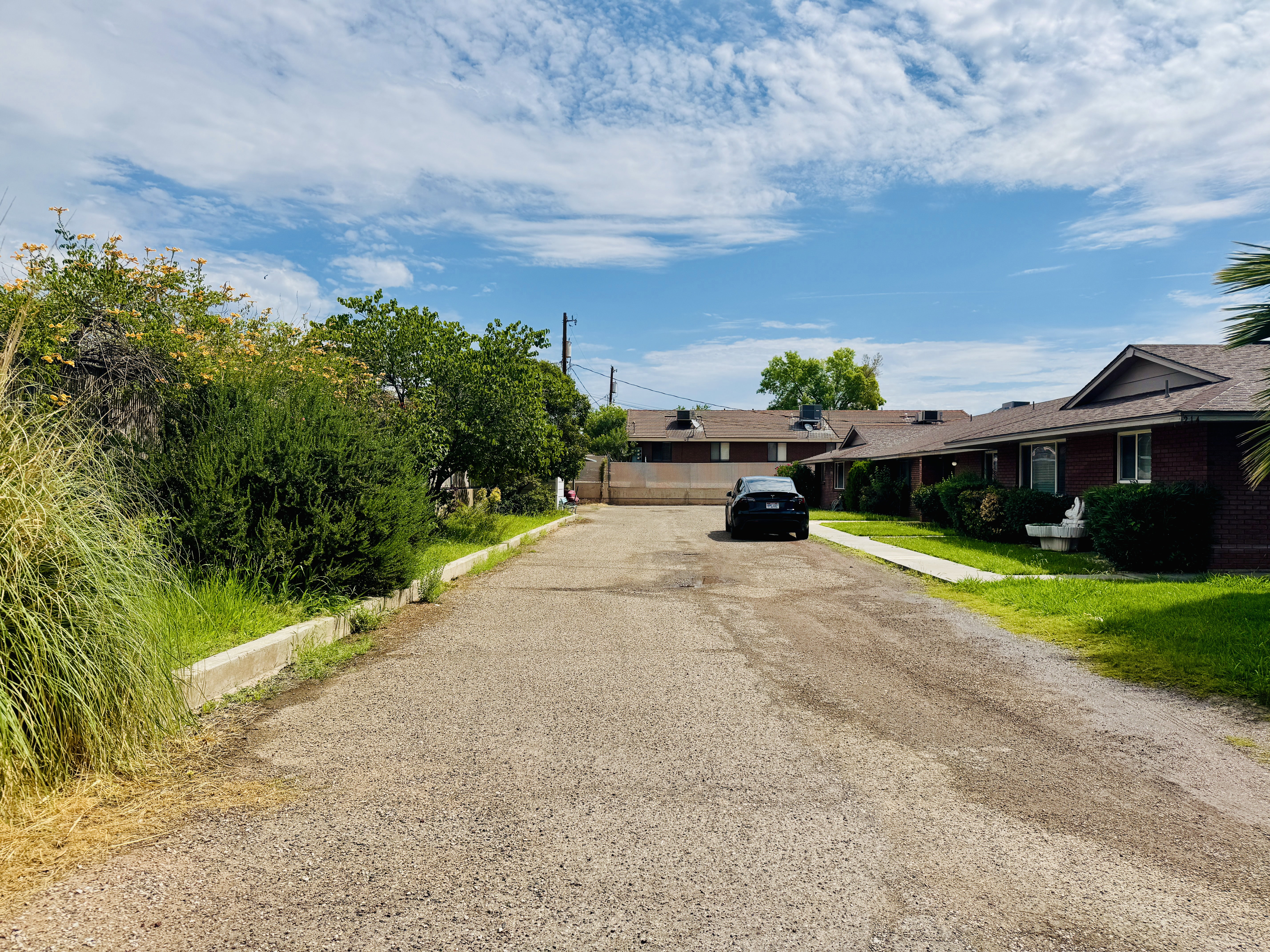 Paved driveway entry with mature landscaping and established brick residential structures