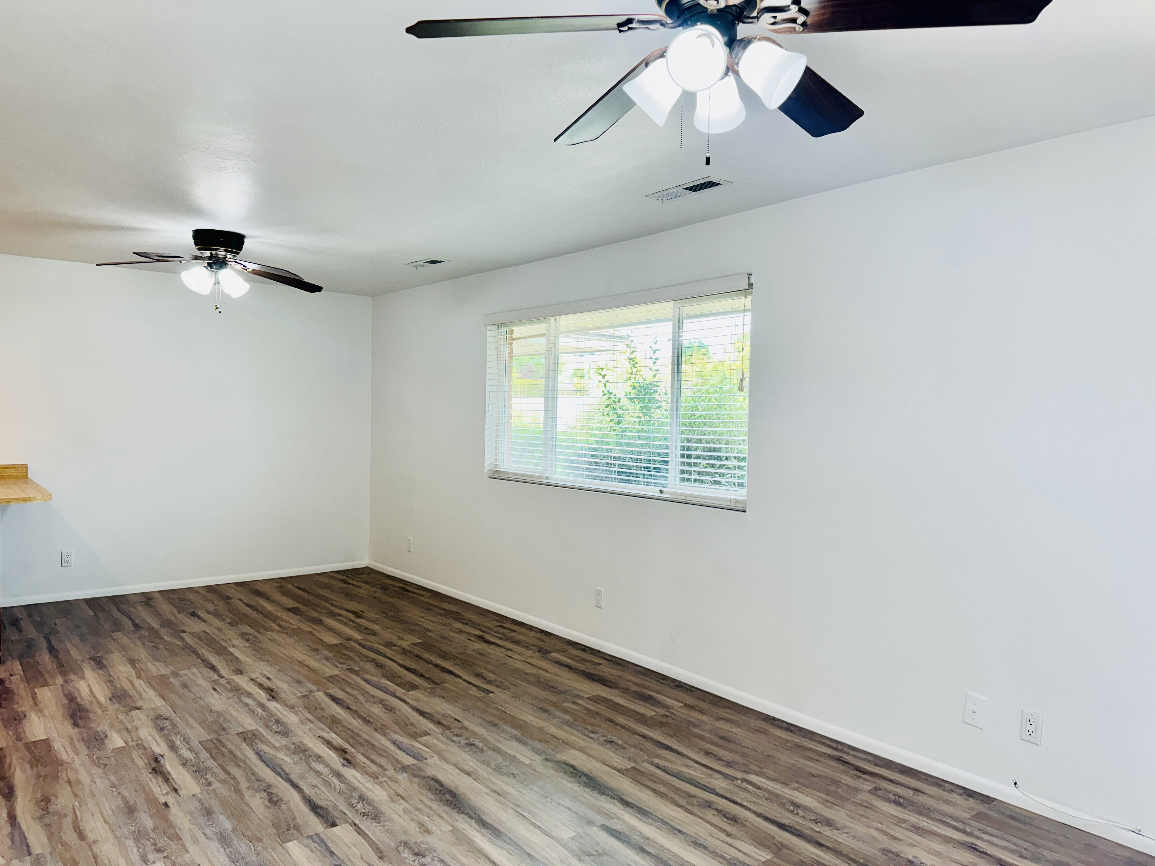 Spacious room featuring wood-finish flooring, white walls, and two ceiling fans with integrated lighting