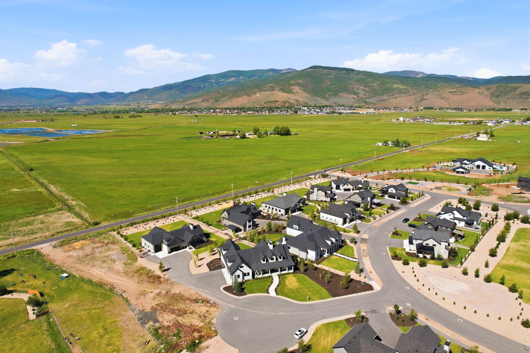 Aerial perspective showcasing a developed residential street with multiple contemporary homes, surrounded by expansive green fields and distant mountains