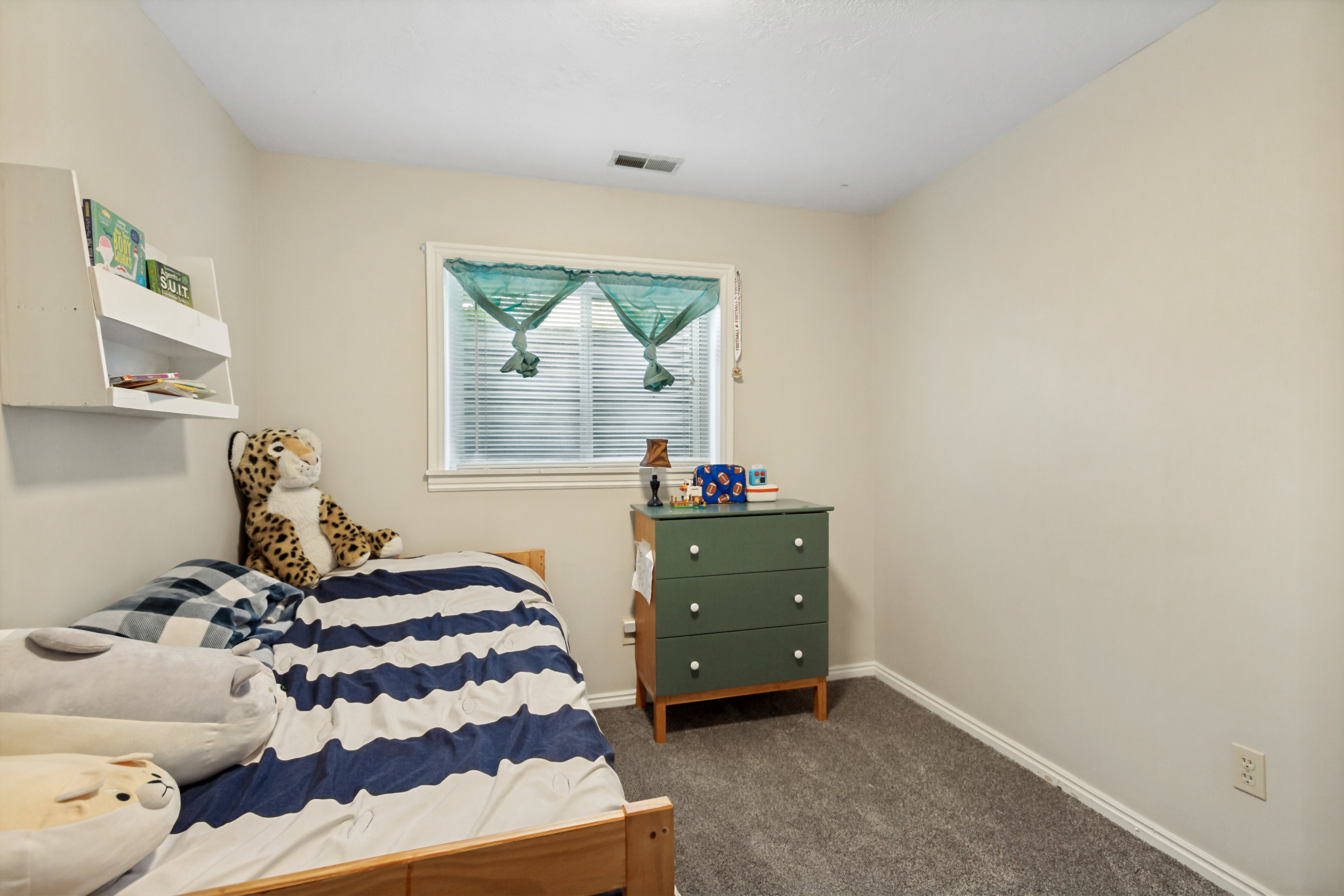 Carpeted room with a window featuring blinds and a white frame