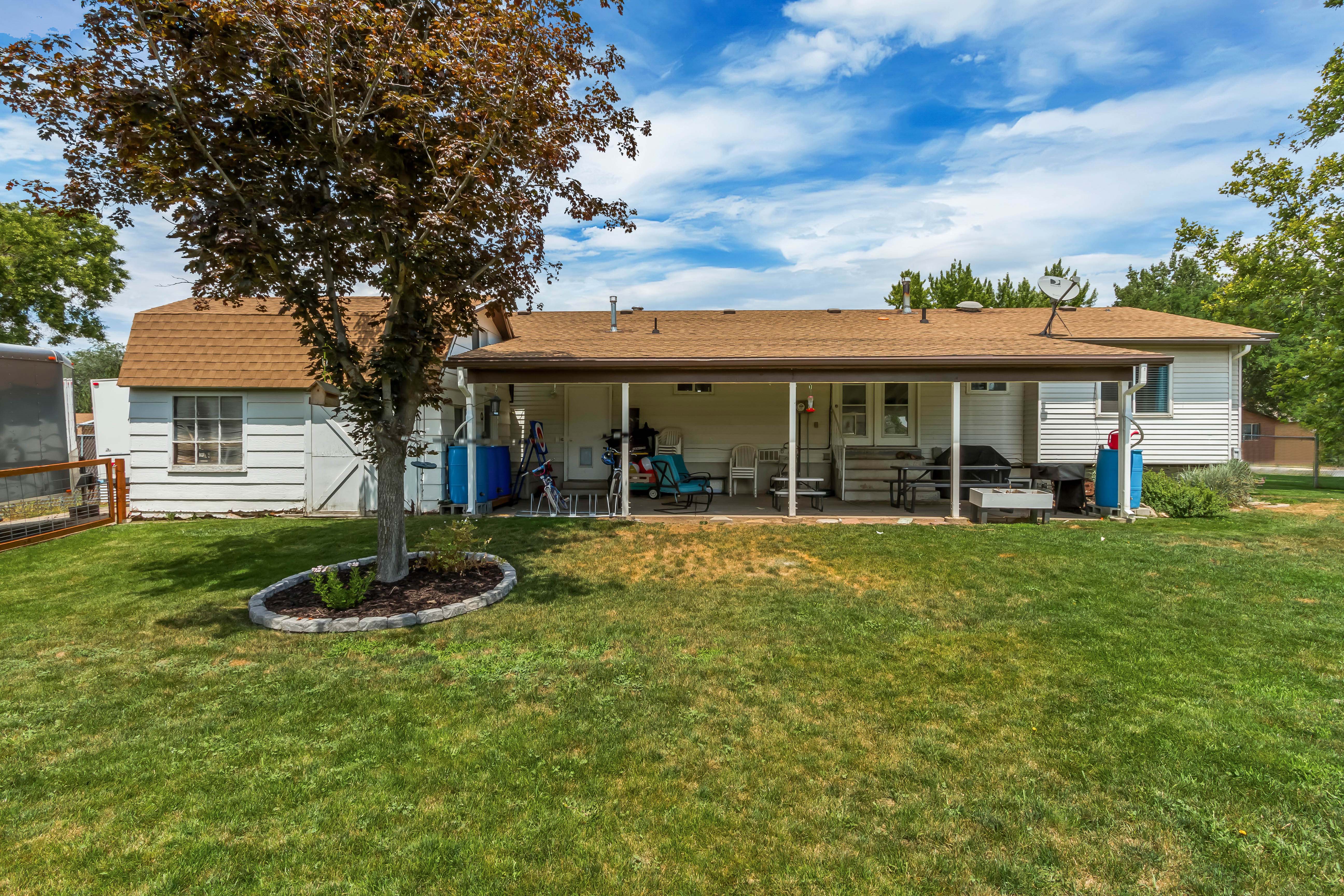 Expansive backyard featuring a covered patio, a manicured lawn, mature trees, and a detached shed with a hip roof