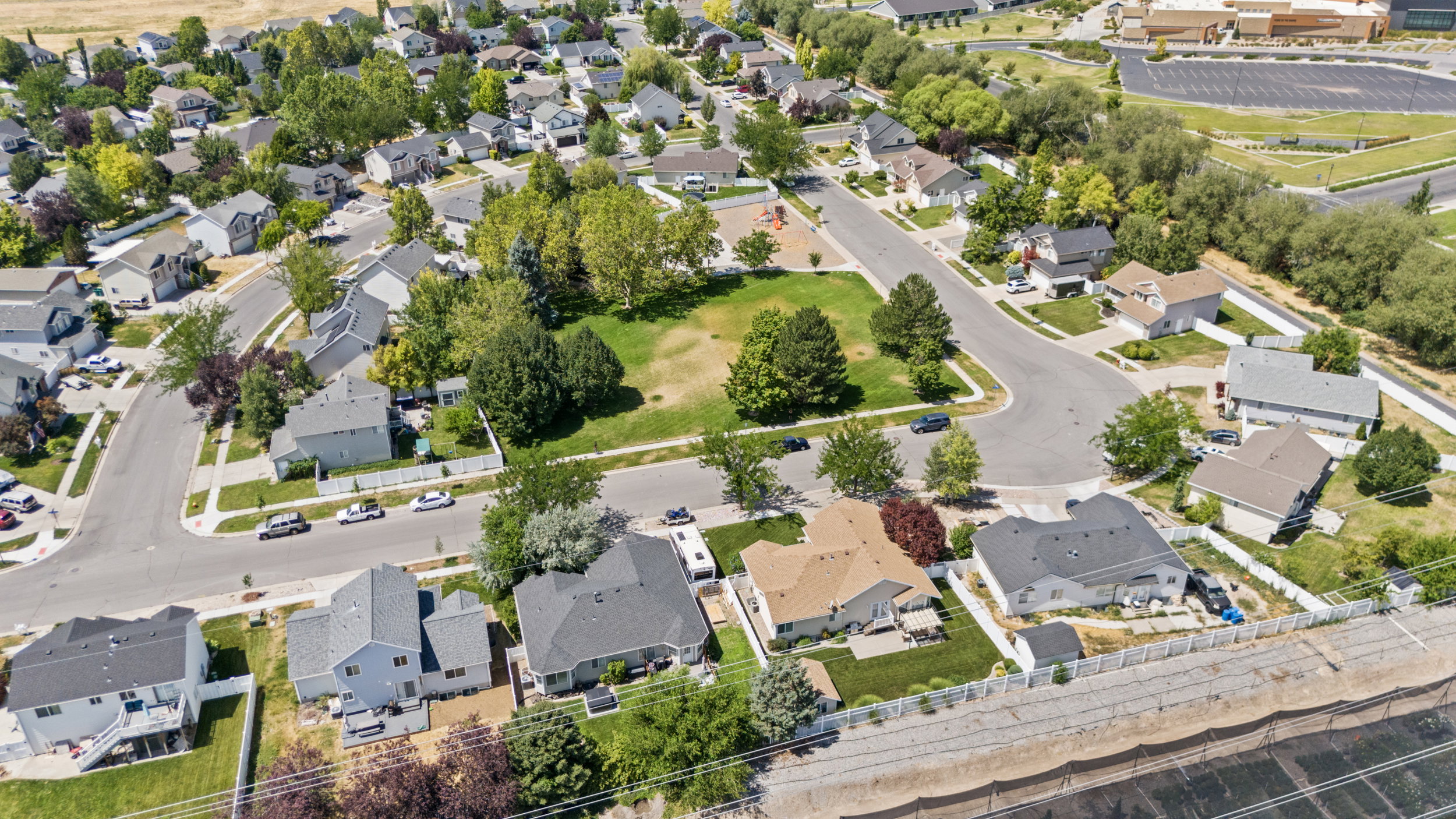 Aerial perspective showcasing a residential neighborhood with varied architectural styles