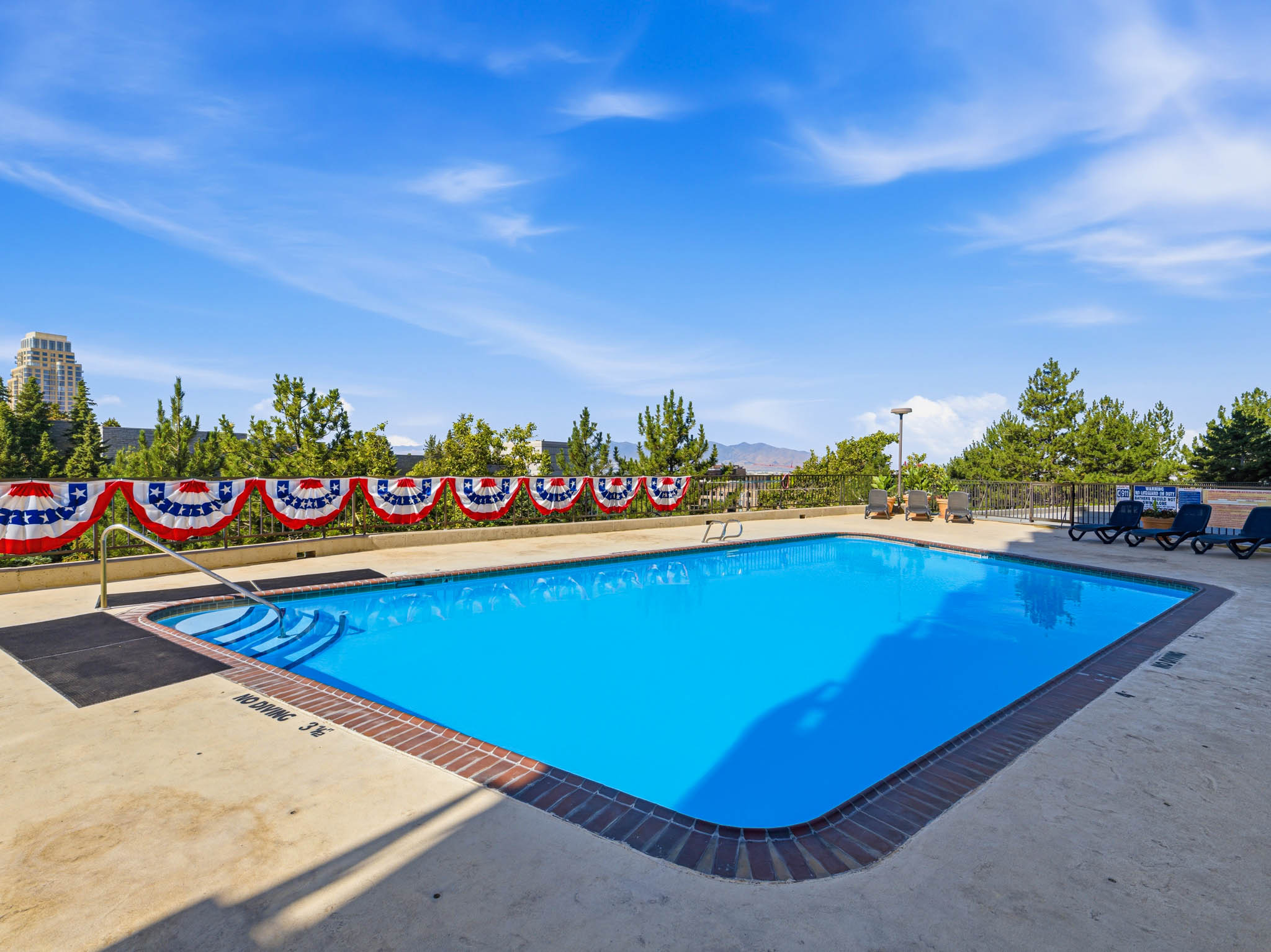 Outdoor pool with concrete decking, brick coping, and integrated steps