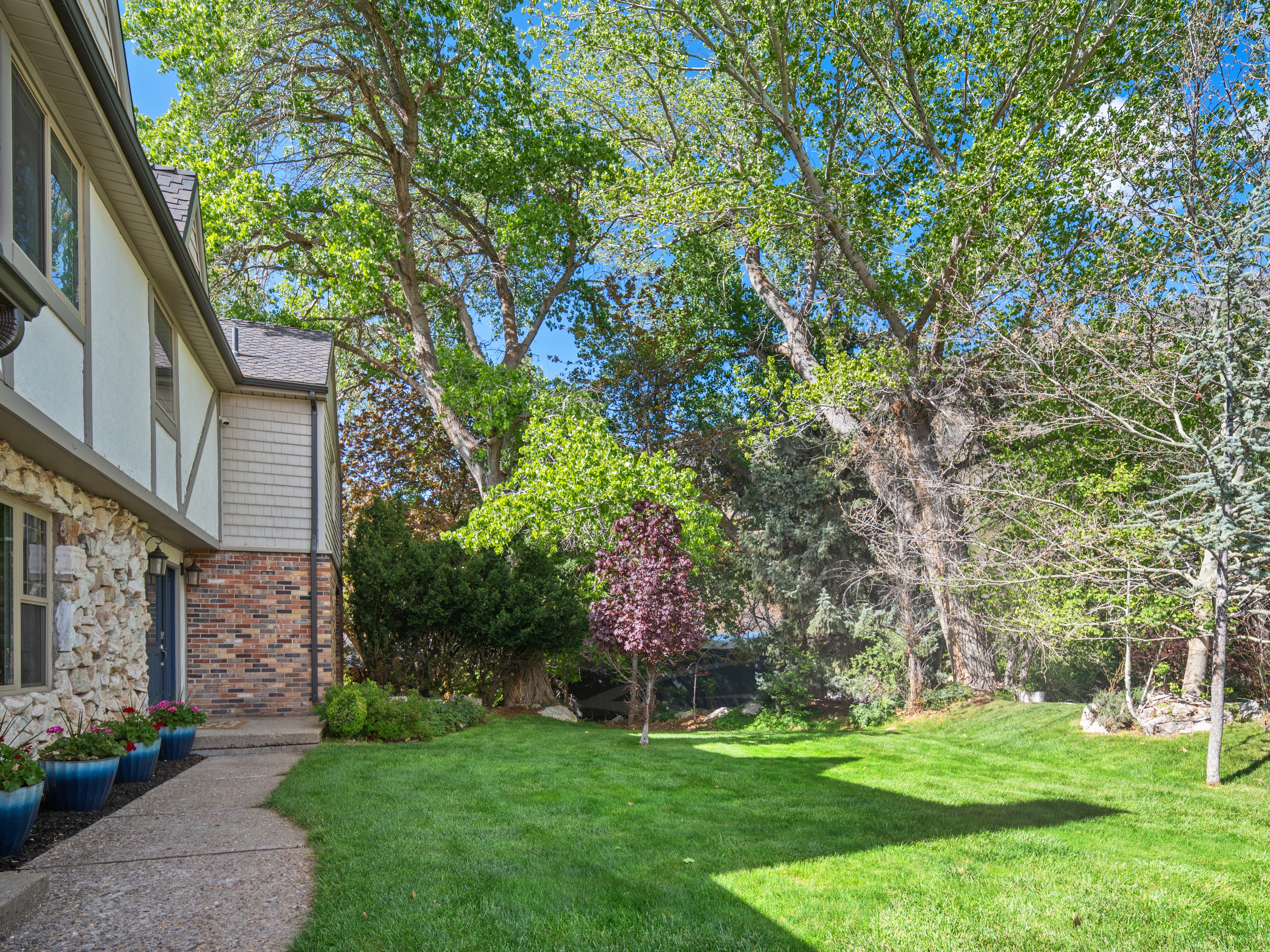 Expansive green lawn with mature trees and a paved walkway leading to the entrance