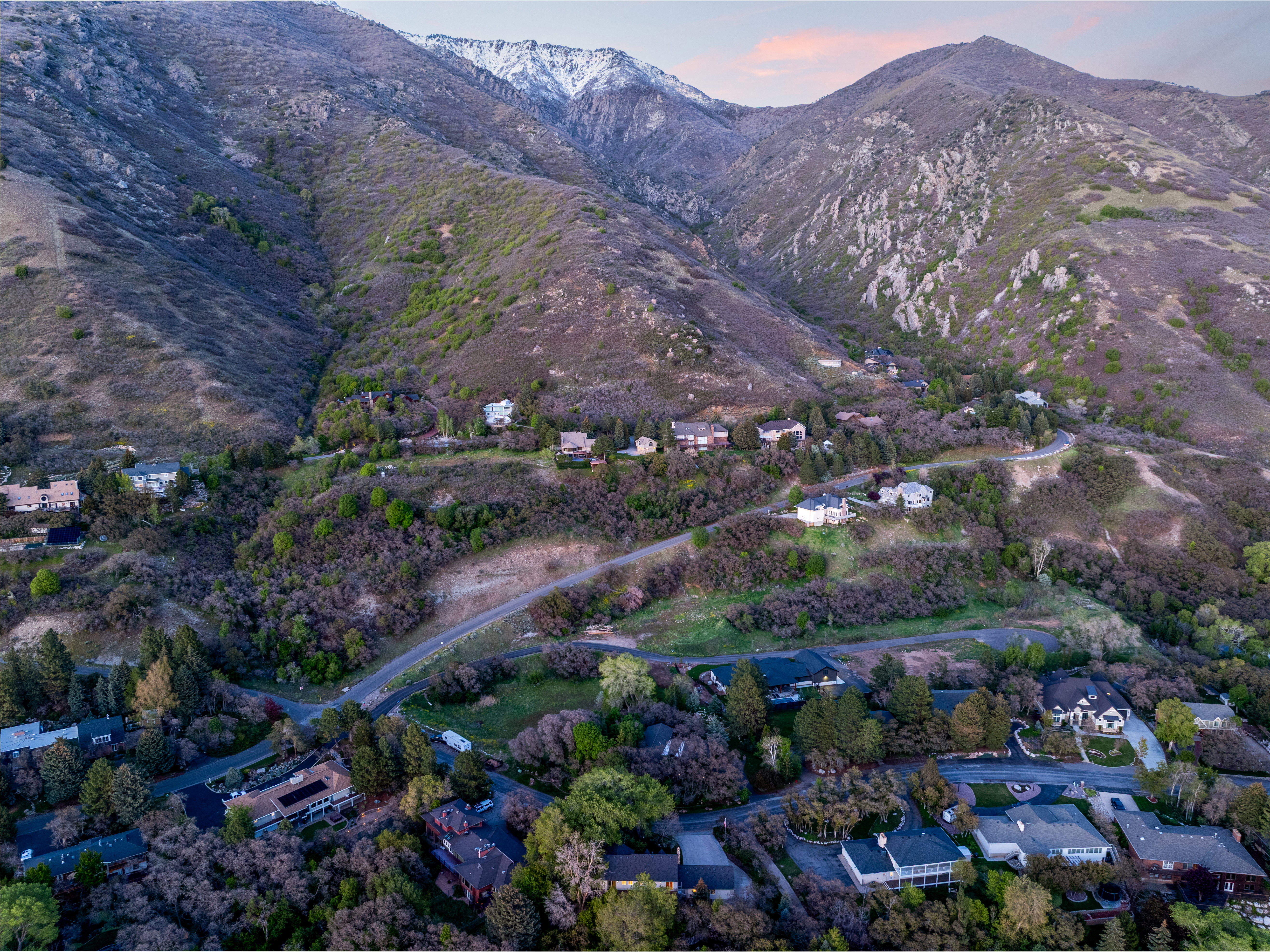 Mountainous terrain featuring residential properties nestled among abundant tree coverage