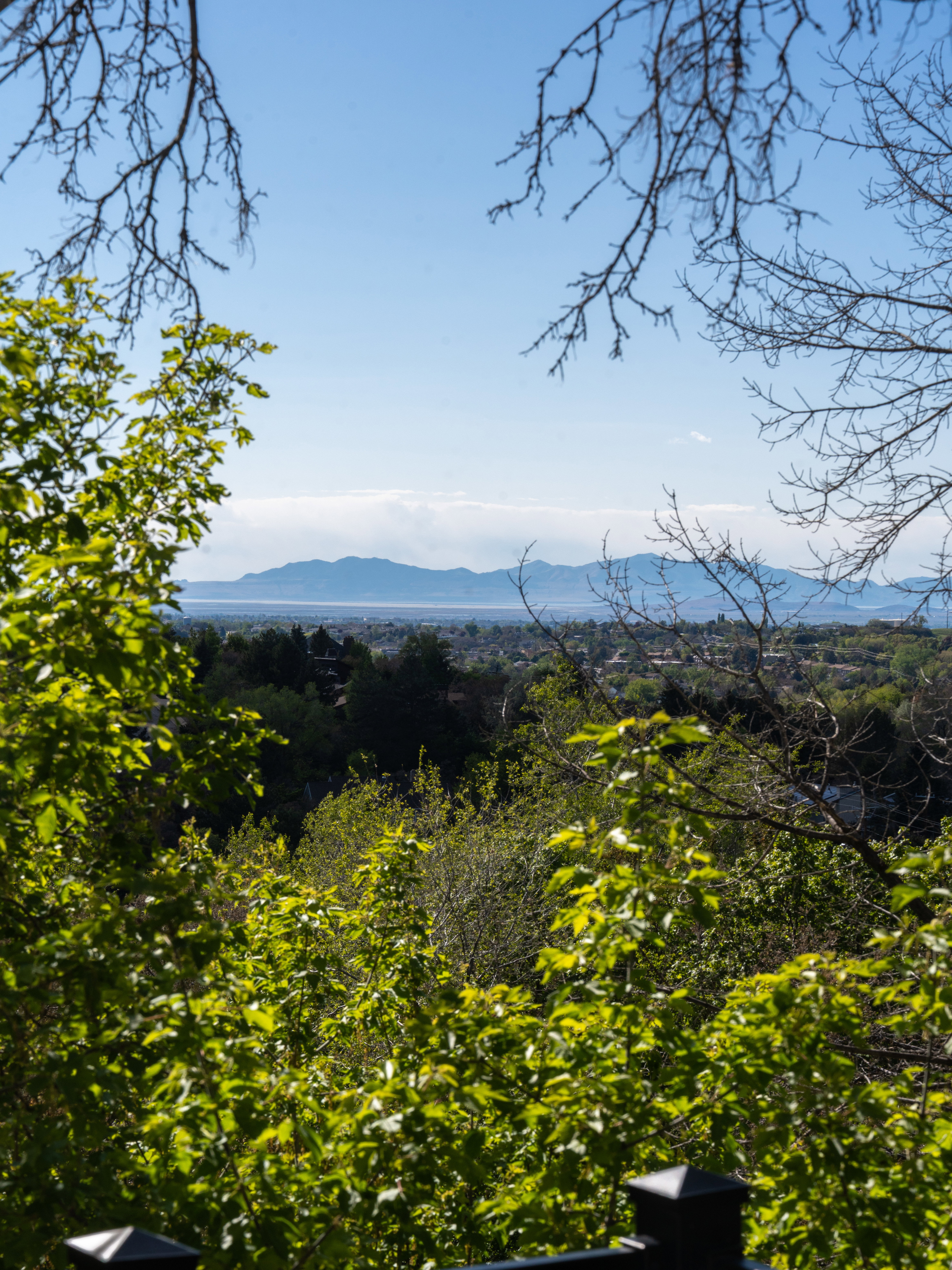 Expansive landscape with distant mountains, a body of water, and a cityscape