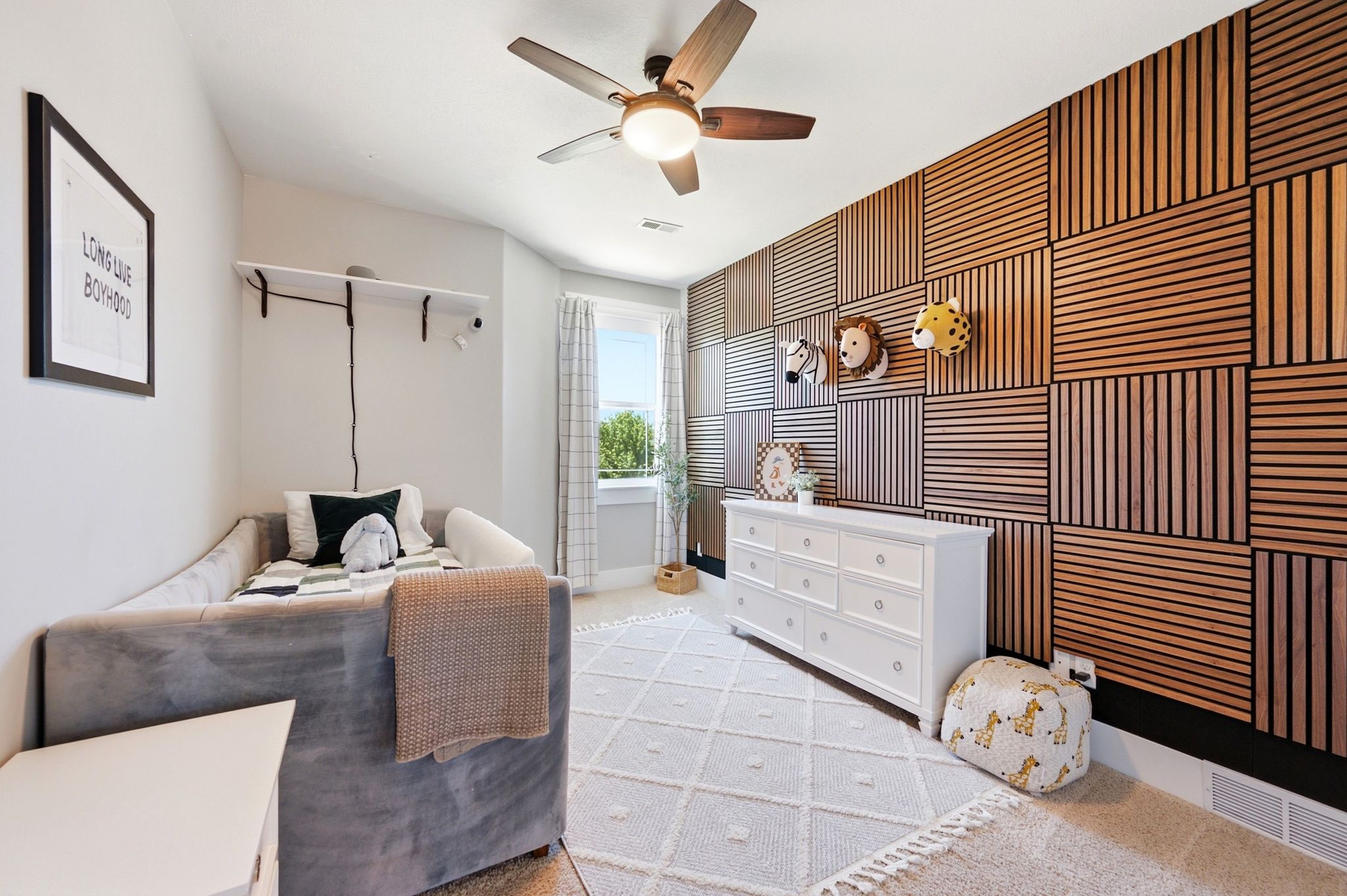 Accent wall featuring horizontal and vertical wood-look paneling