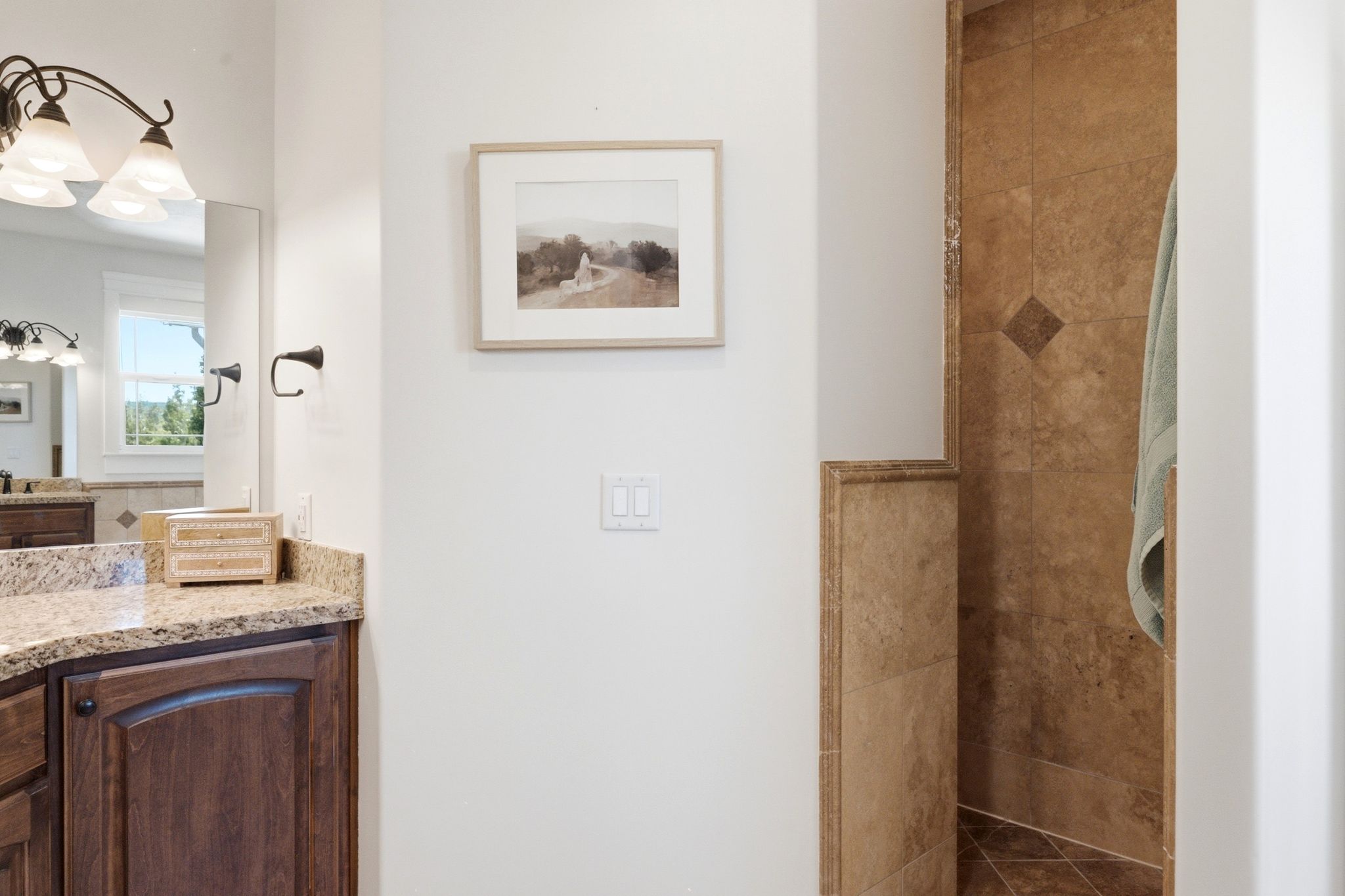 Bathroom featuring a granite countertop vanity with wood cabinetry, an integrated mirror, and a tiled shower stall