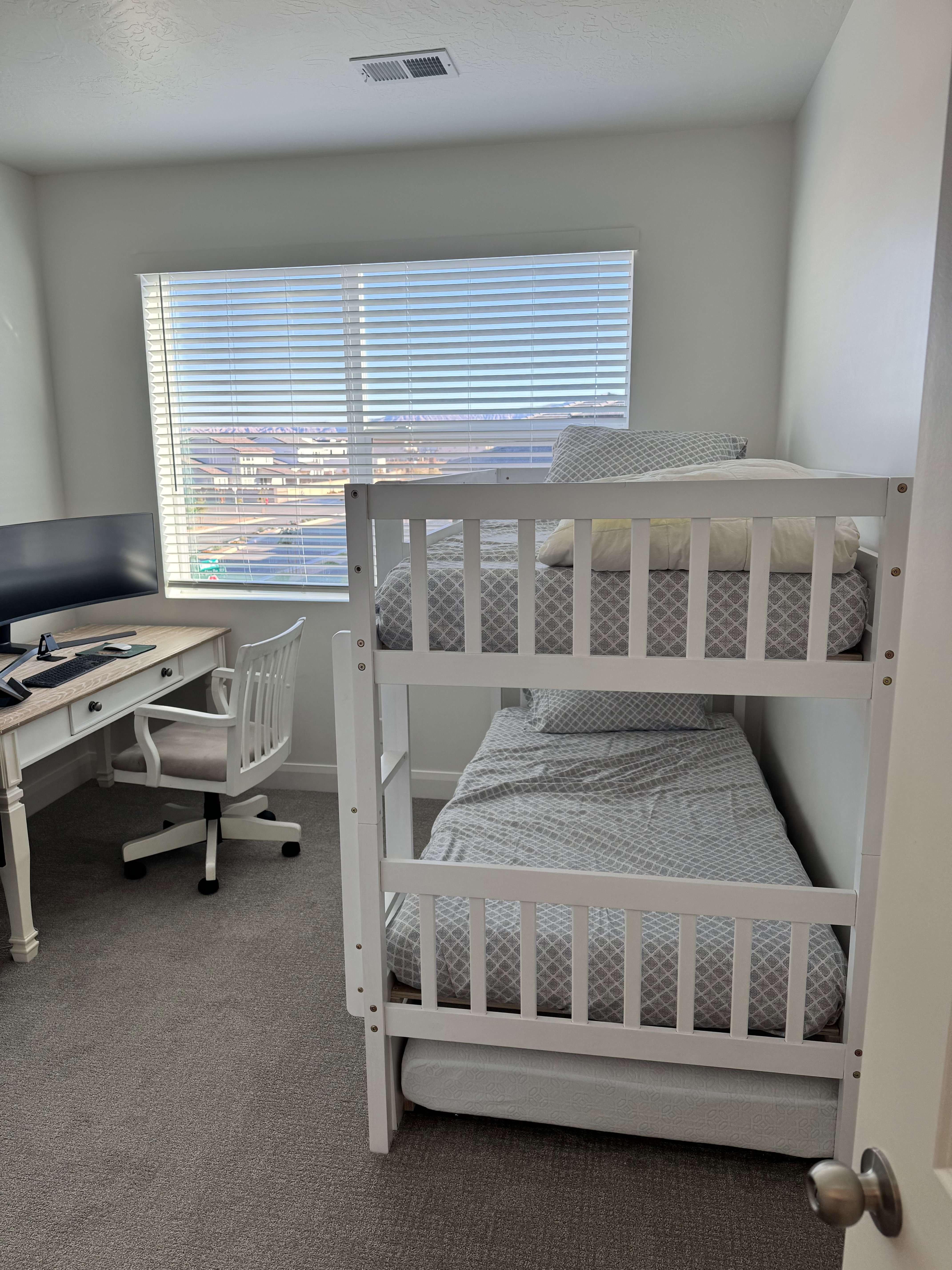 Room featuring light gray carpeting and a large window with white blinds