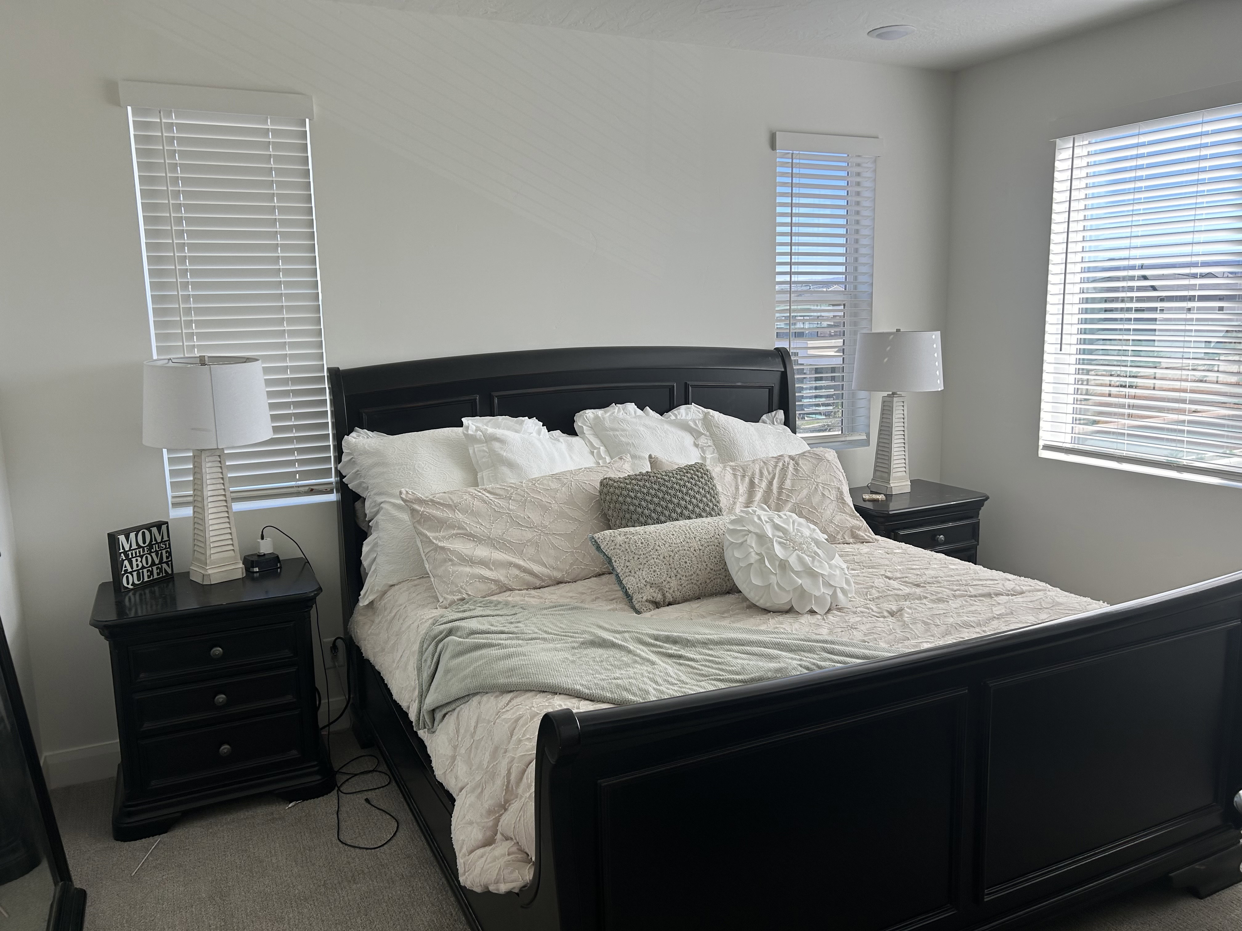 Bedroom featuring light gray wall paint, two windows with white blinds, and recessed ceiling lighting