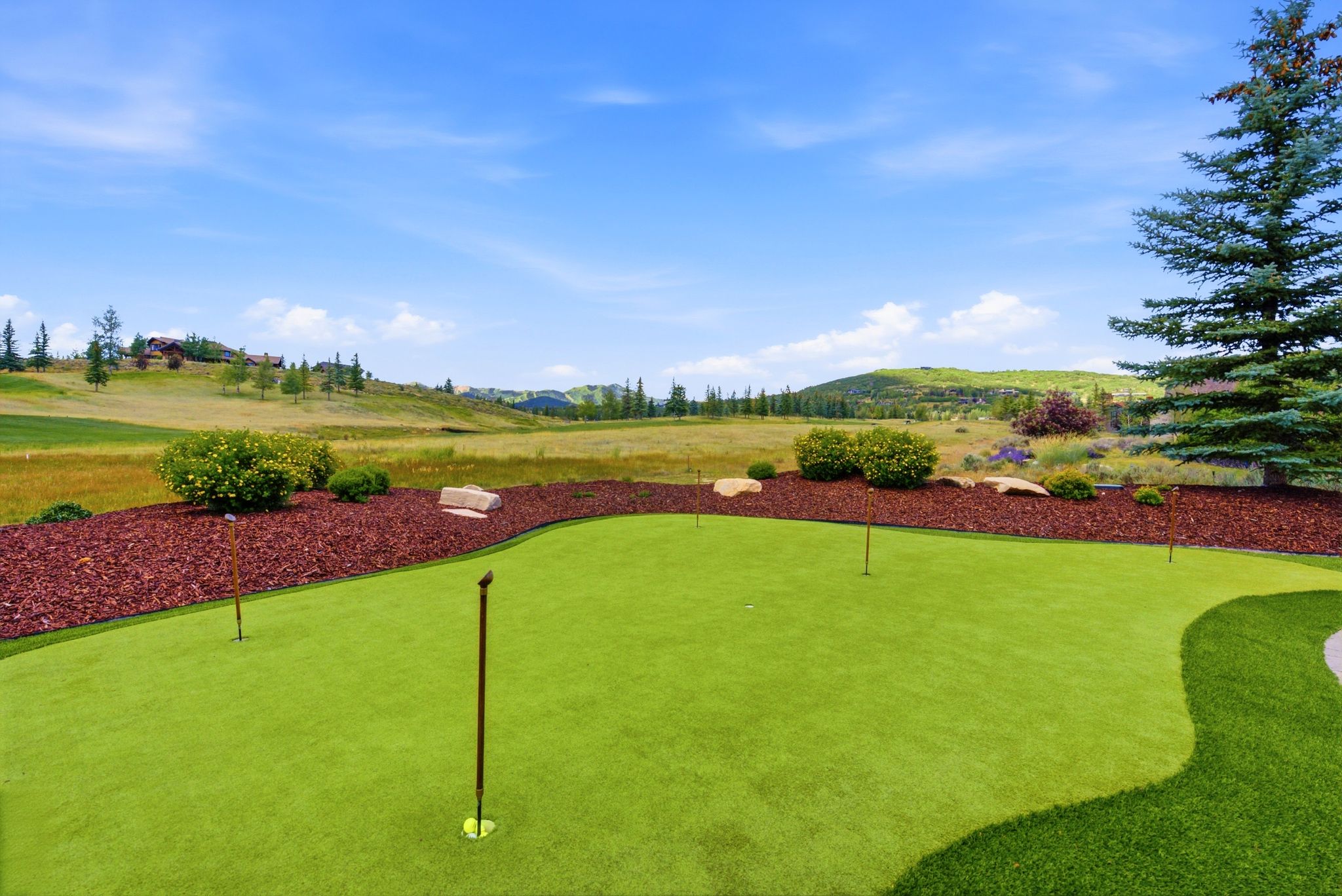 Putting green with multiple flagsticks, bordered by landscaping with red wood chips and established shrubbery
