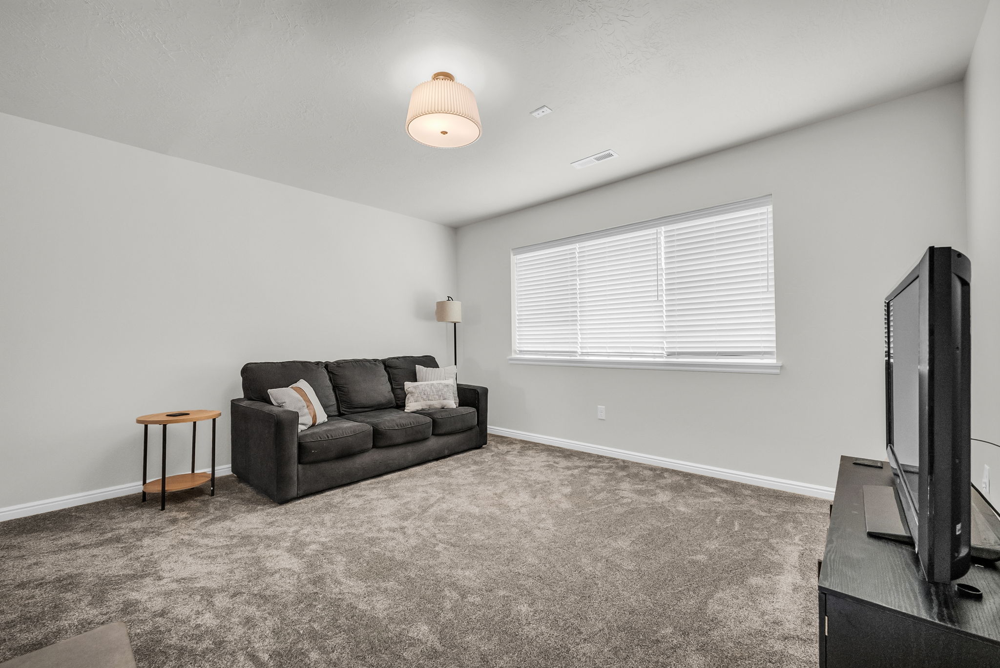 Carpeted room featuring light gray walls and a single window with white blinds