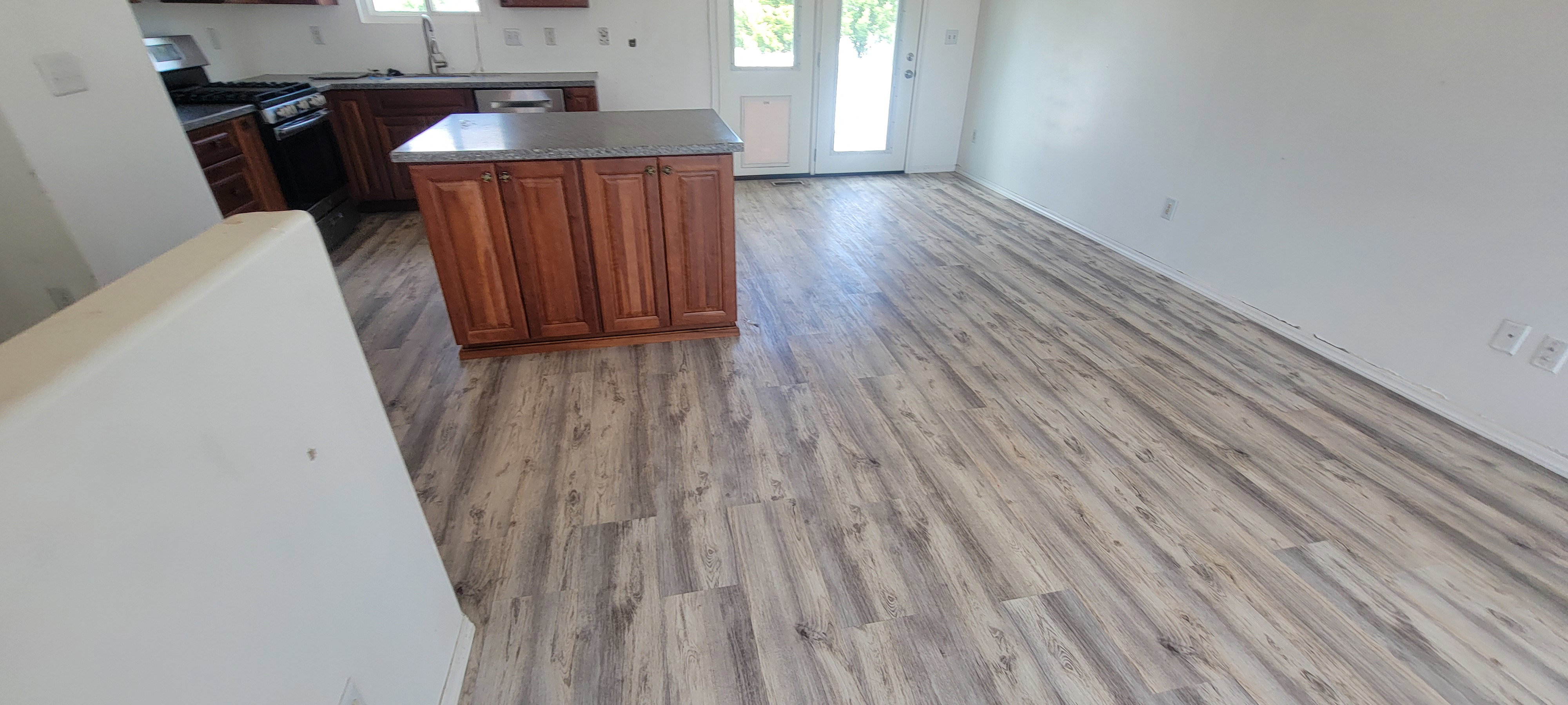 Open-concept living space with wood-finish flooring