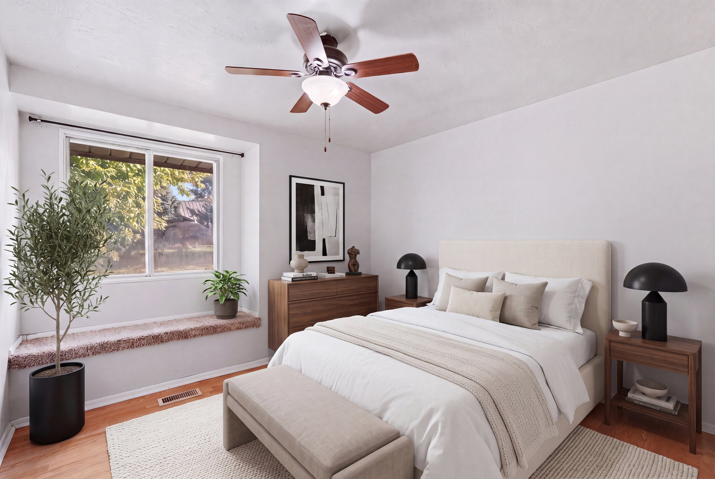 Bedroom featuring wood-finish flooring, a ceiling fan with light fixture, and a window with a carpeted sill