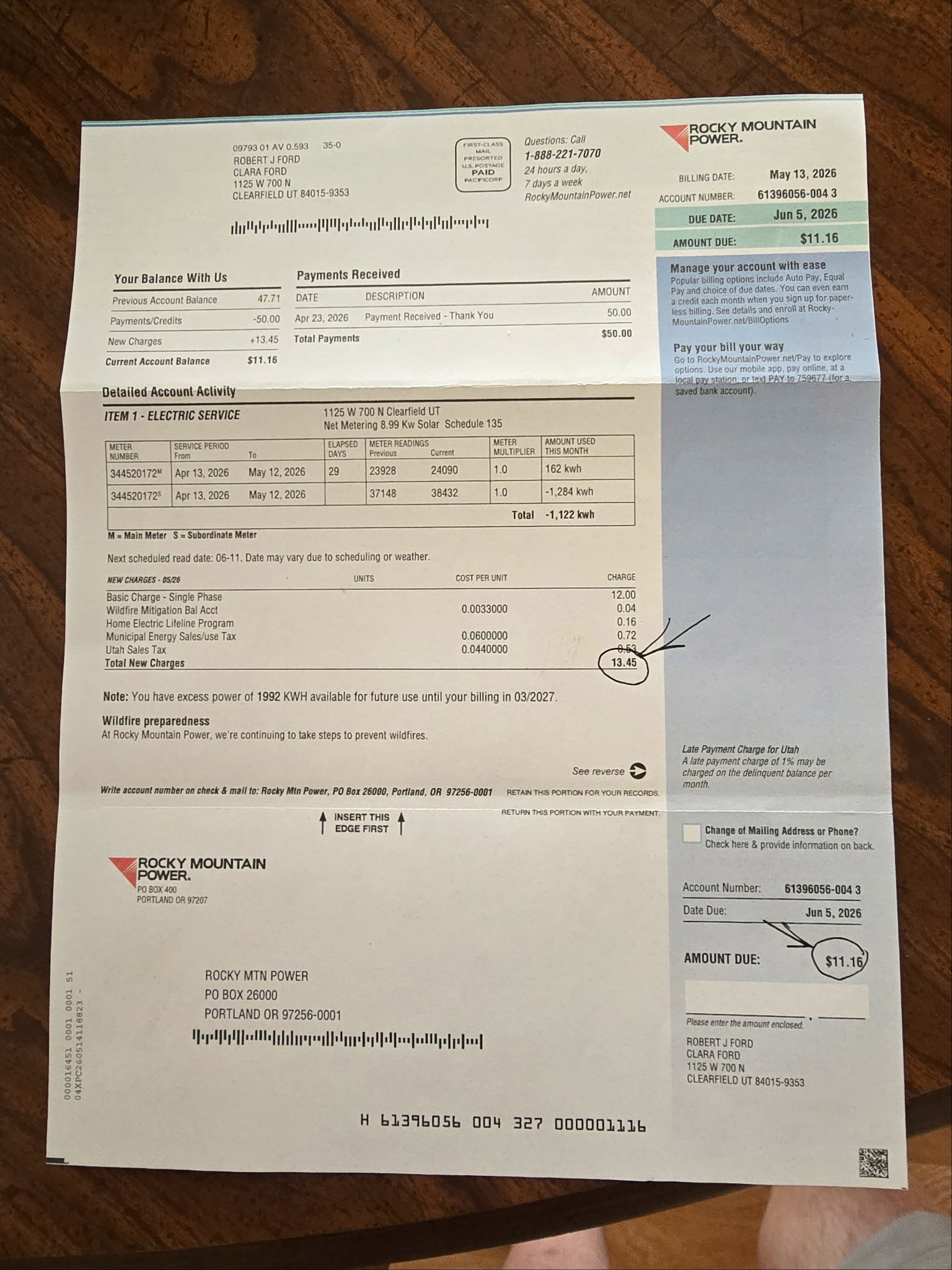 Utility Bill. Presenting account activity and payment details for the property